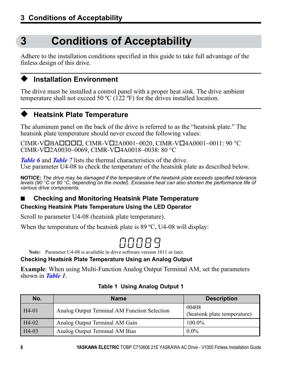3 conditions of acceptability, Installation environment, Heatsink plate temperature | 3conditions of acceptability | Yaskawa V1000 Finless Type User Manual | Page 8 / 26