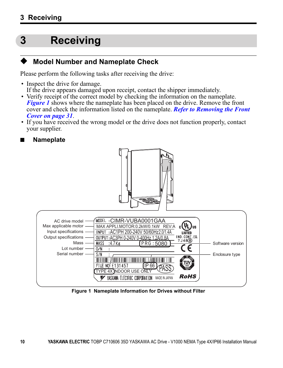 3 receiving, Model number and nameplate check, 3receiving | Pass | Yaskawa V1000 NEMA Type 4X/IP66 User Manual | Page 10 / 56