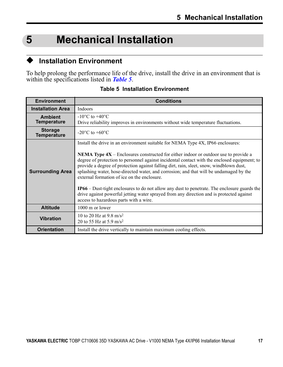 5 mechanical installation, Installation environment, 5mechanical installation | Yaskawa V1000 NEMA Type 4X/IP66 User Manual | Page 17 / 56