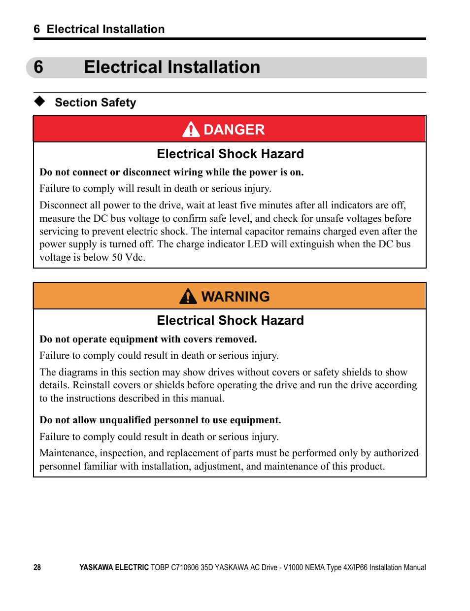 6 electrical installation, Section safety, 6electrical installation | Yaskawa V1000 NEMA Type 4X/IP66 User Manual | Page 28 / 56