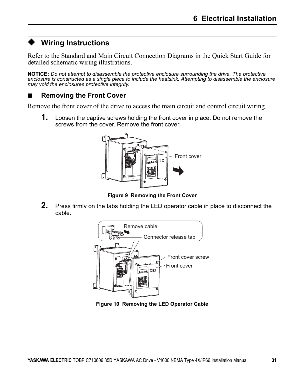 Wiring instructions, On listed on the nameplate, Refer to removing the front | 6 electrical installation | Yaskawa V1000 NEMA Type 4X/IP66 User Manual | Page 31 / 56