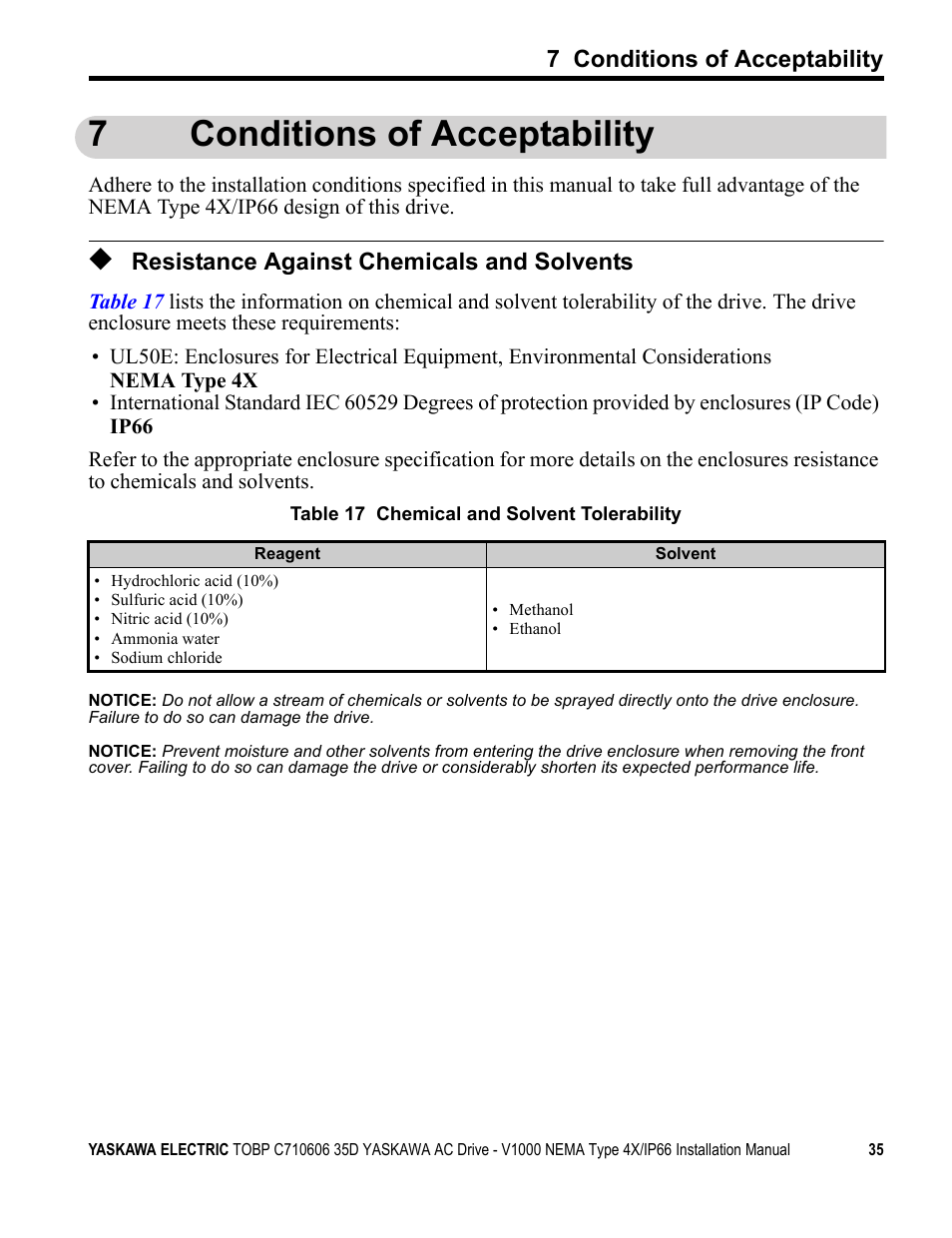 7 conditions of acceptability, Resistance against chemicals and solvents, 7conditions of acceptability | Yaskawa V1000 NEMA Type 4X/IP66 User Manual | Page 35 / 56