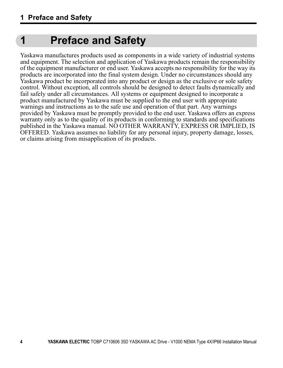 1 preface and safety, 1preface and safety | Yaskawa V1000 NEMA Type 4X/IP66 User Manual | Page 4 / 56