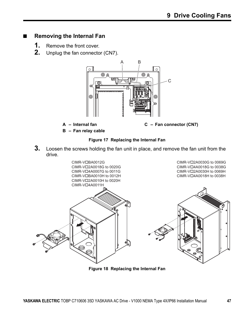 9 drive cooling fans, Removing the internal fan | Yaskawa V1000 NEMA Type 4X/IP66 User Manual | Page 47 / 56
