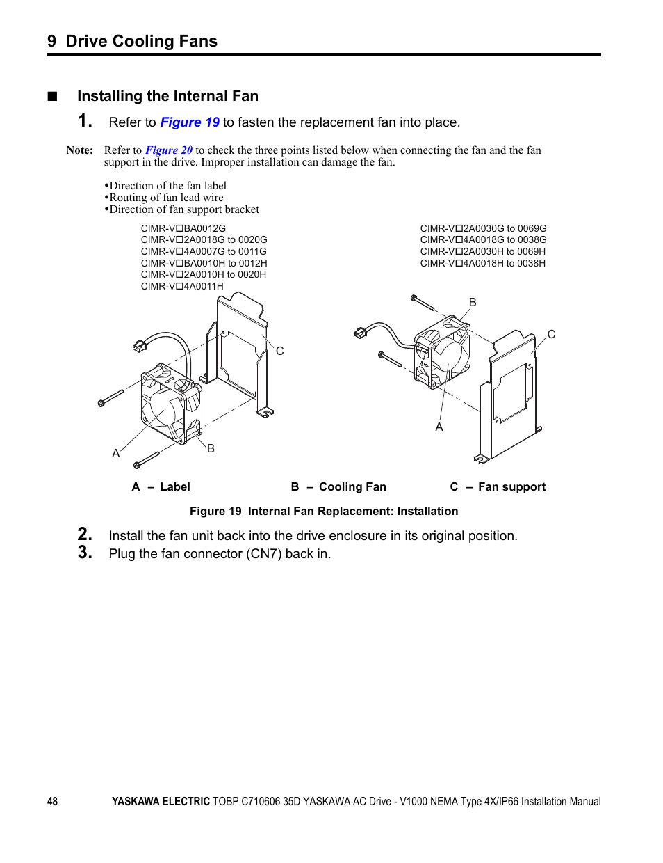 9 drive cooling fans, Installing the internal fan | Yaskawa V1000 NEMA Type 4X/IP66 User Manual | Page 48 / 56