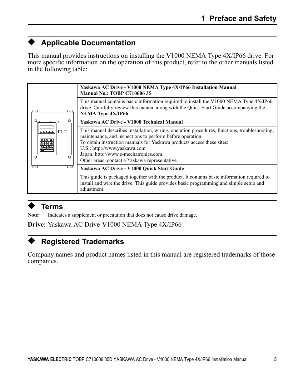 Applicable documentation, Terms, Registered trademarks | Yaskawa V1000 NEMA Type 4X/IP66 User Manual | Page 5 / 56