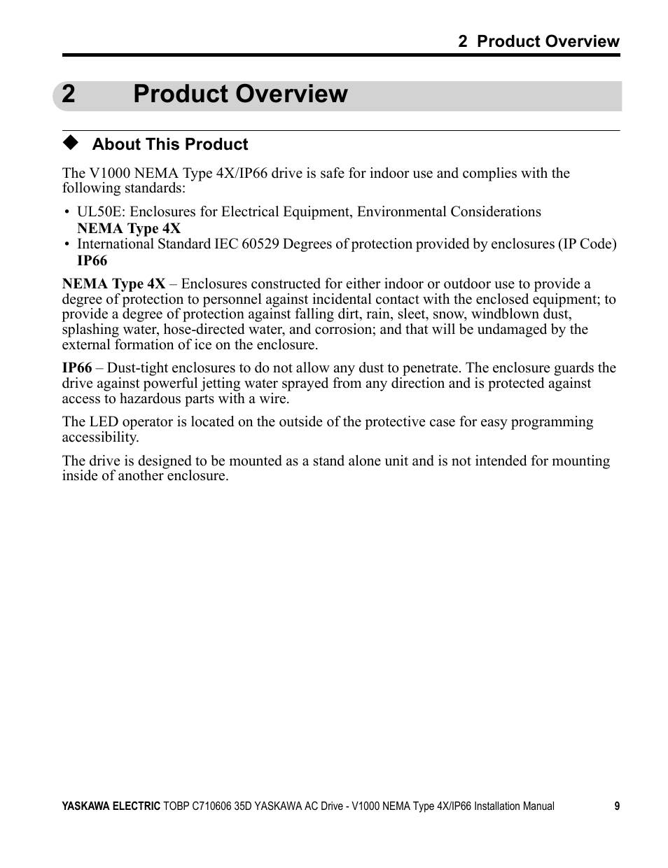 2 product overview, About this product, 2product overview | Yaskawa V1000 NEMA Type 4X/IP66 User Manual | Page 9 / 56