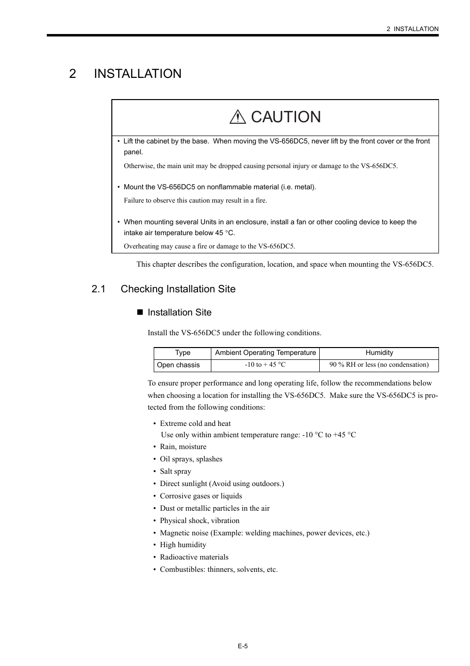 2 installation, 1 checking installation site, Installation site | Caution, 2installation | Yaskawa Varispeed-656 DC5 User Manual | Page 15 / 71