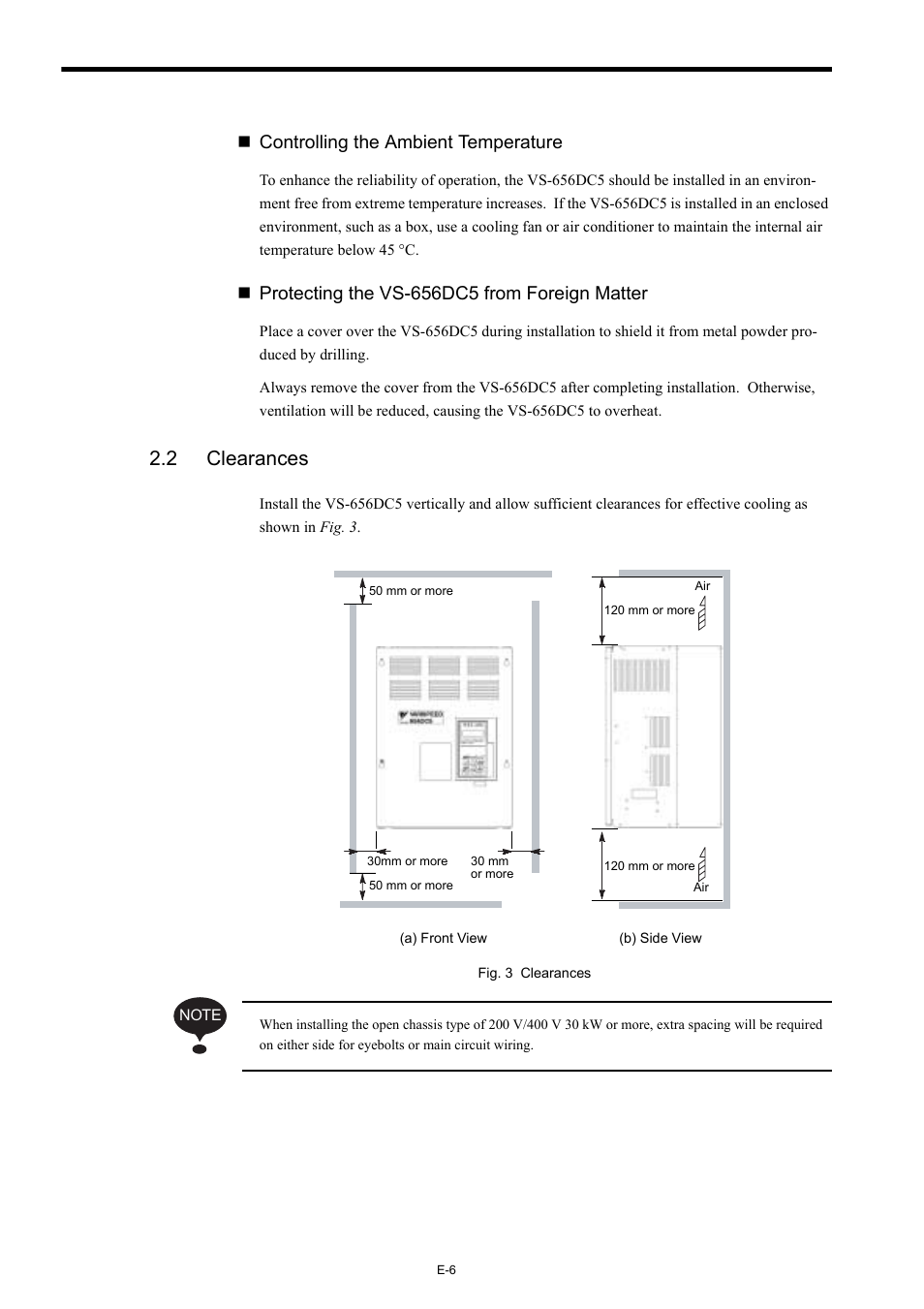 Controlling the ambient temperature, Protecting the vs-656dc5 from foreign matter, 2 clearances | Yaskawa Varispeed-656 DC5 User Manual | Page 16 / 71