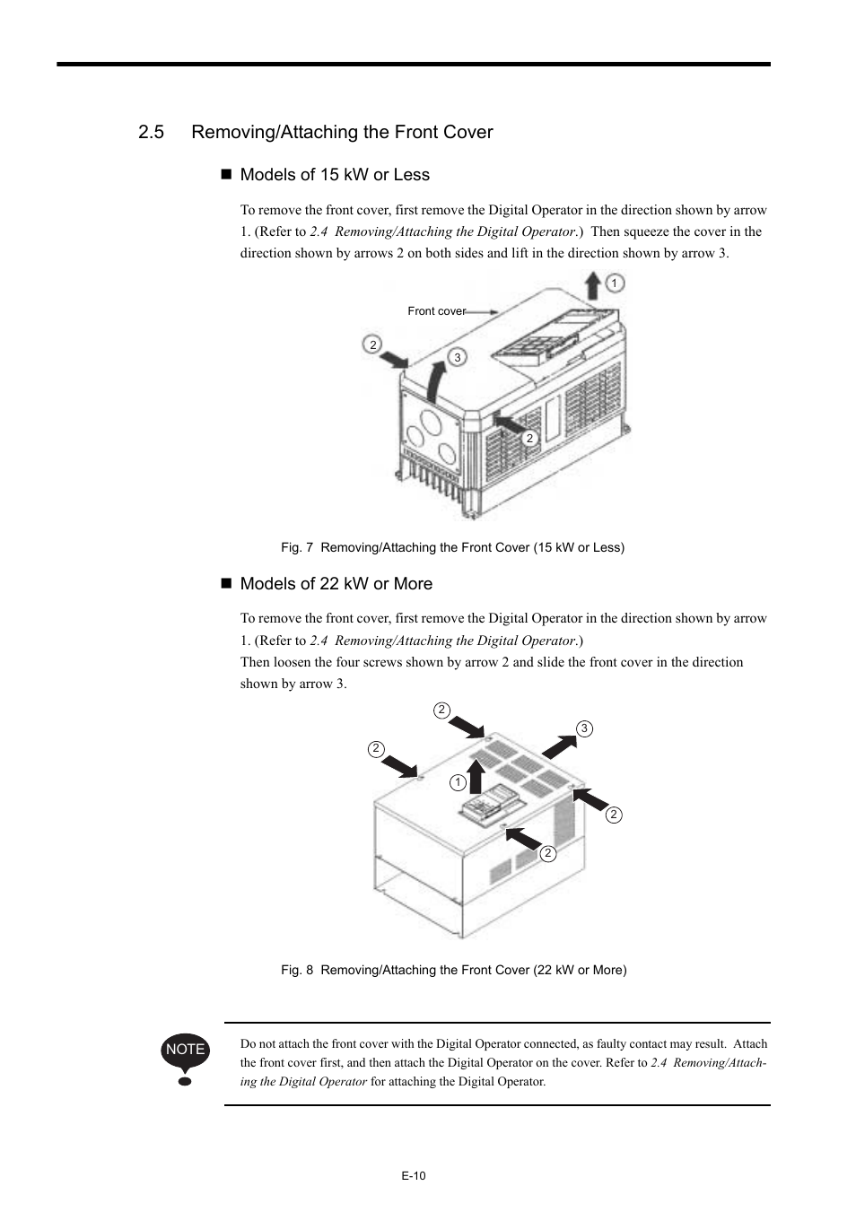5 removing/attaching the front cover, Models of 15 kw or less, Models of 22 kw or more | Yaskawa Varispeed-656 DC5 User Manual | Page 20 / 71