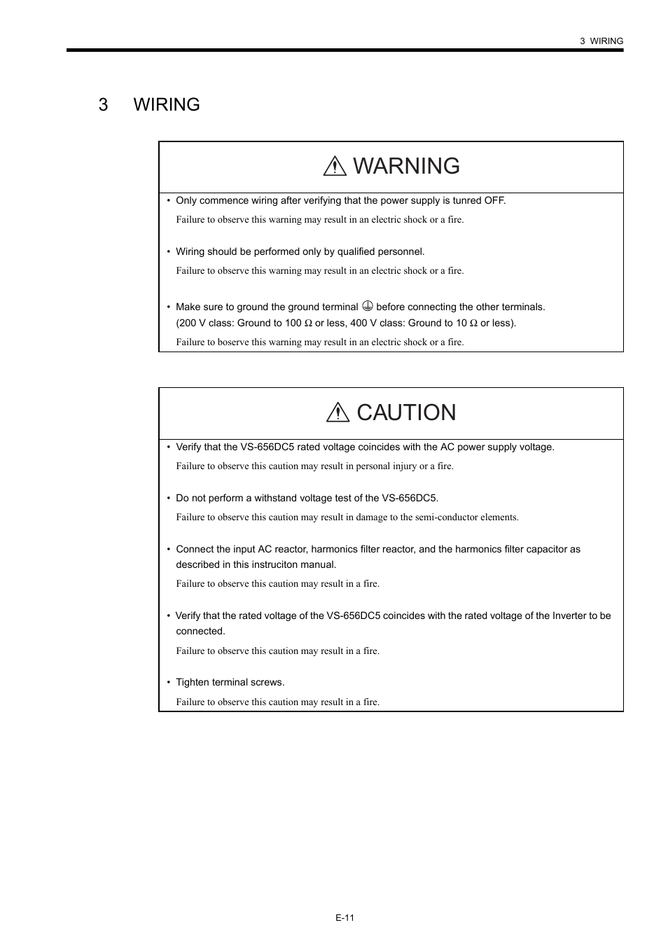 3 wiring, Warning, Caution | 3wiring | Yaskawa Varispeed-656 DC5 User Manual | Page 21 / 71