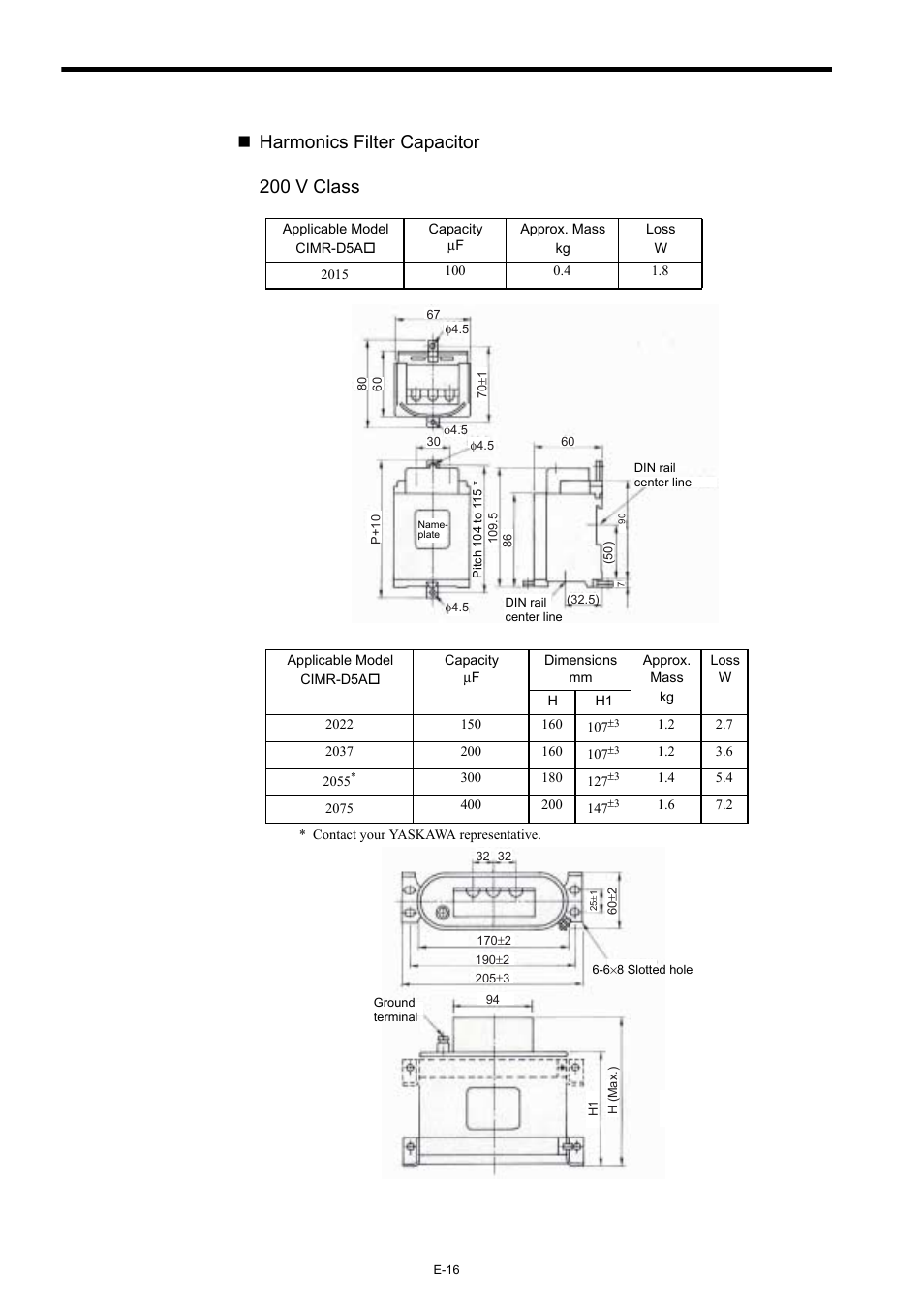 Harmonics filter capacitor, Harmonics filter capacitor 200 v class | Yaskawa Varispeed-656 DC5 User Manual | Page 26 / 71