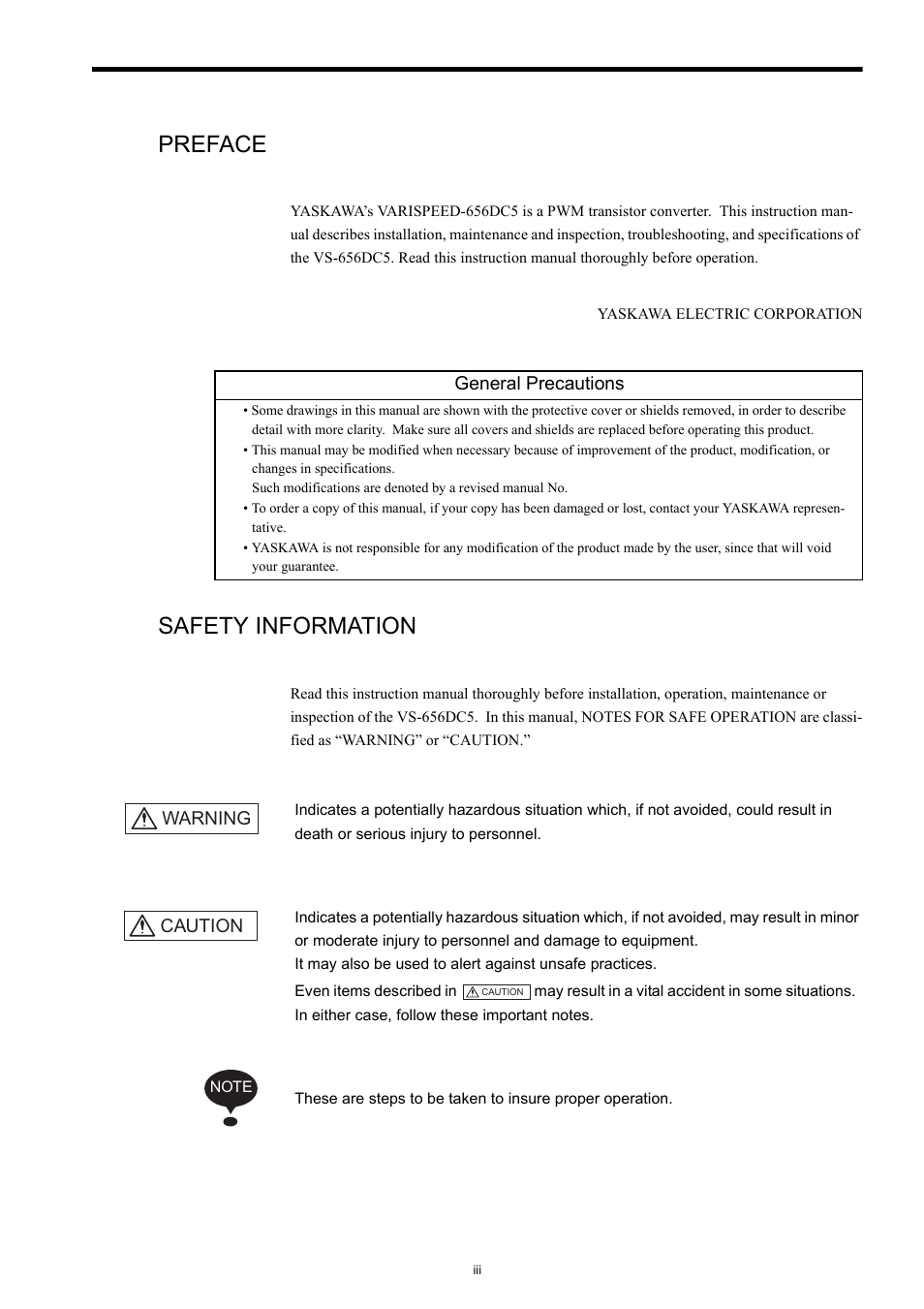 Preface, Safety information | Yaskawa Varispeed-656 DC5 User Manual | Page 3 / 71