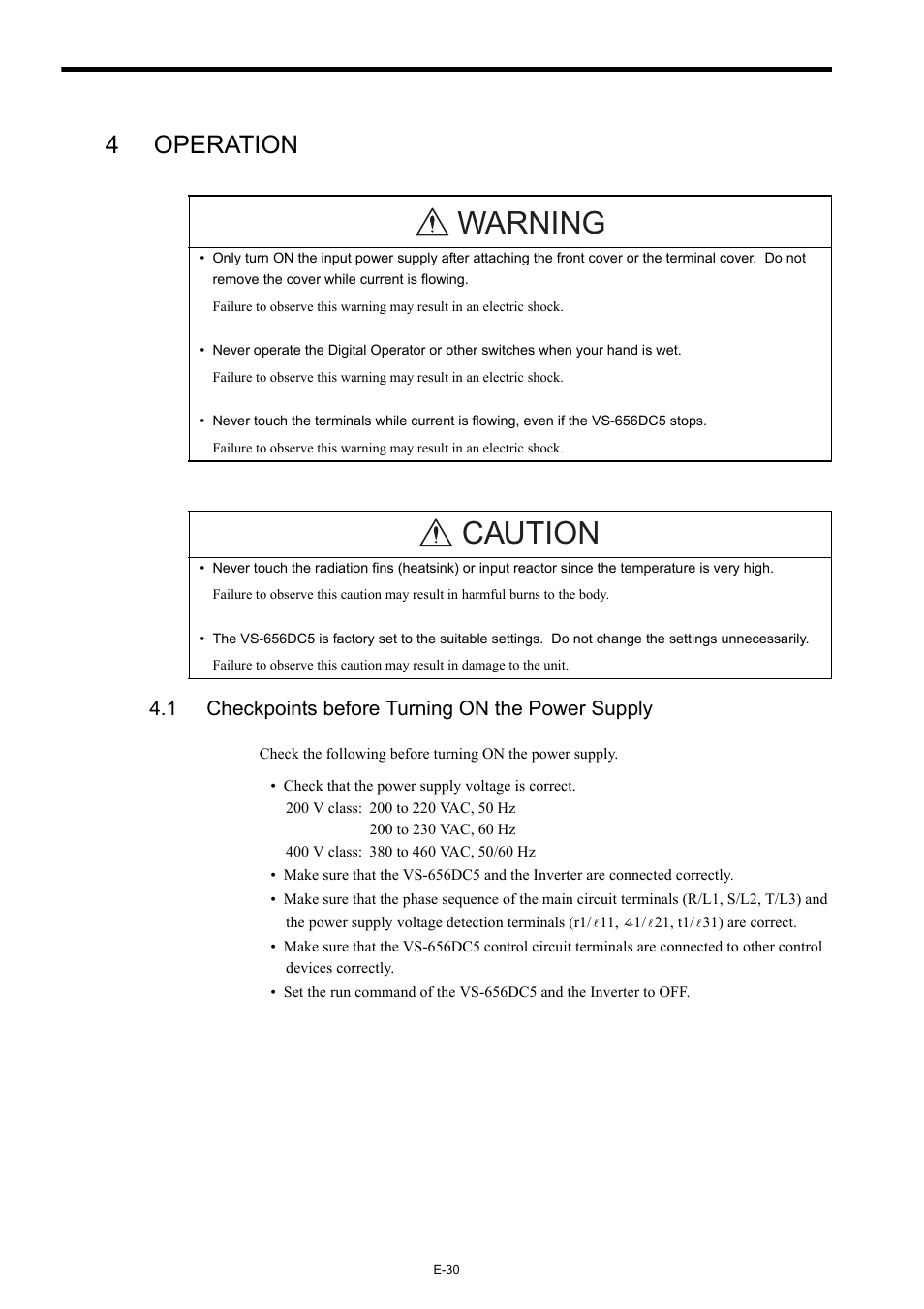 4 operation, 1 checkpoints before turning on the power supply, Warning | Caution, 4operation | Yaskawa Varispeed-656 DC5 User Manual | Page 40 / 71