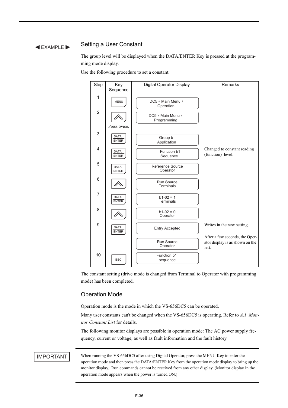 Setting a user constant, Operation mode, Important | Yaskawa Varispeed-656 DC5 User Manual | Page 46 / 71
