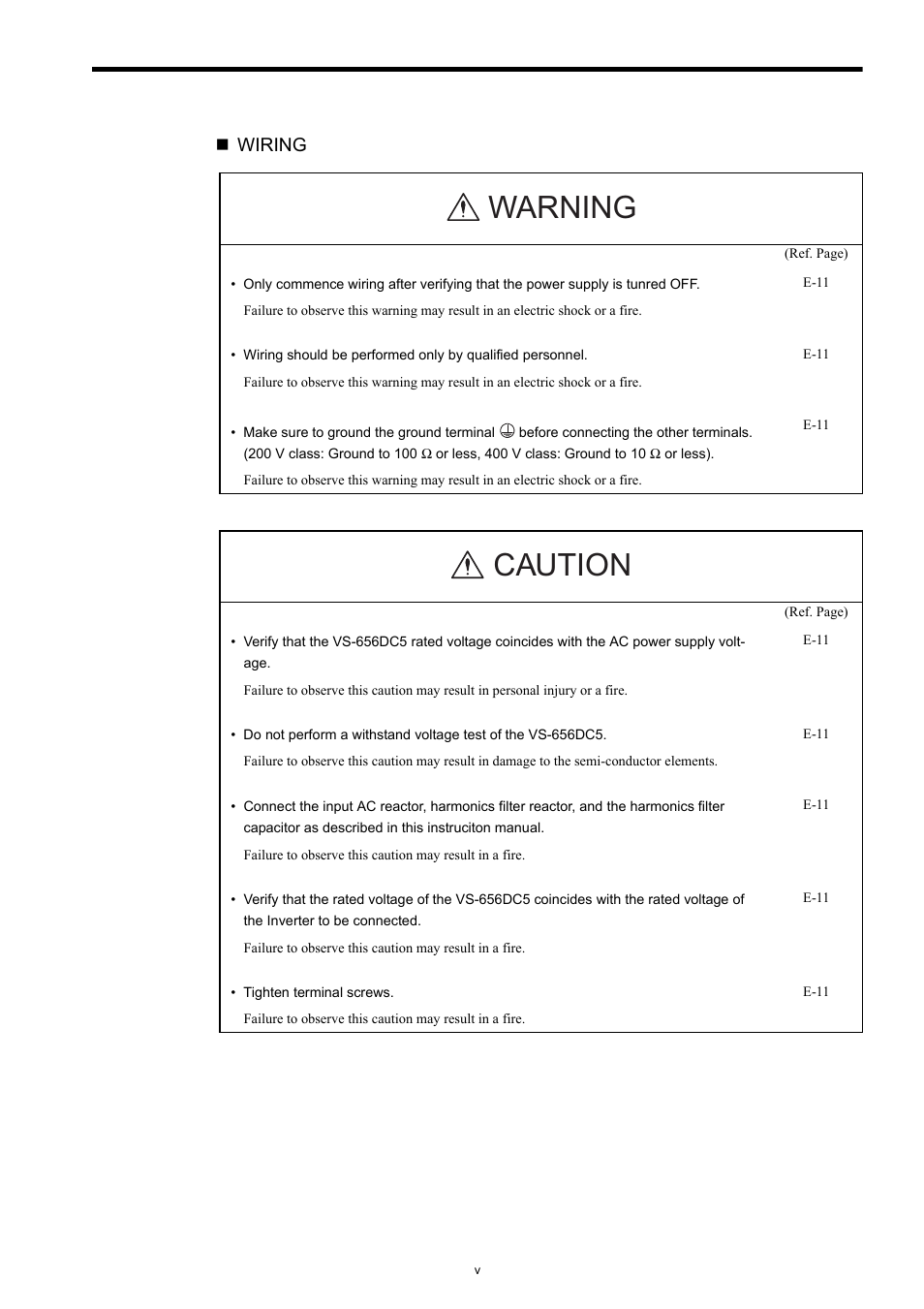 Warning, Caution, Wiring | Yaskawa Varispeed-656 DC5 User Manual | Page 5 / 71