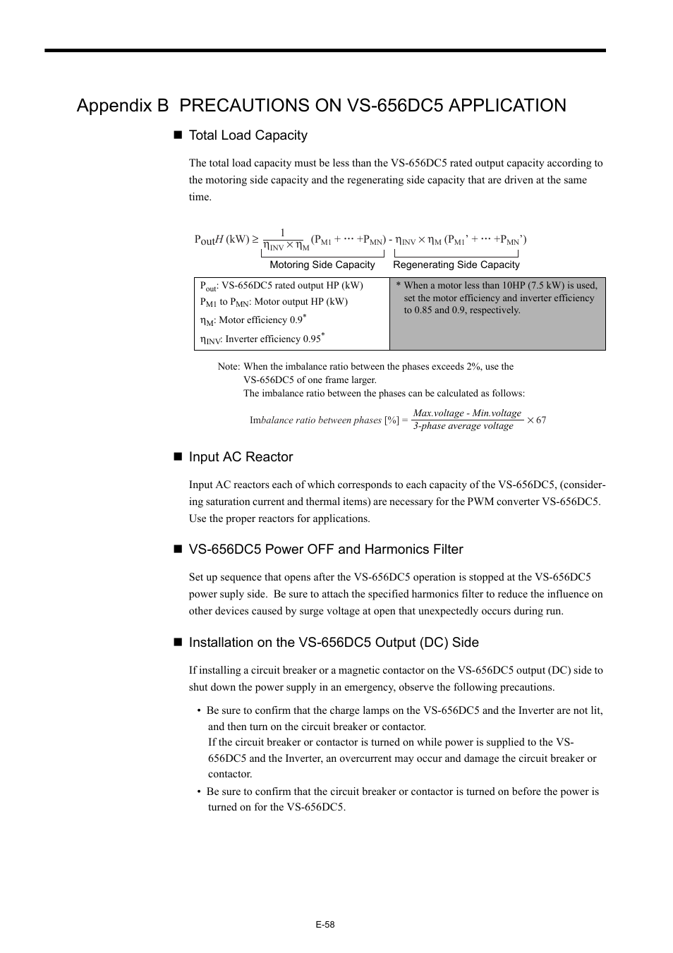 Appendix b precautions on vs-656dc5 application, Total load capacity, Input ac reactor | Vs-656dc5 power off and harmonics filter, Installation on the vs-656dc5 output (dc) side | Yaskawa Varispeed-656 DC5 User Manual | Page 68 / 71