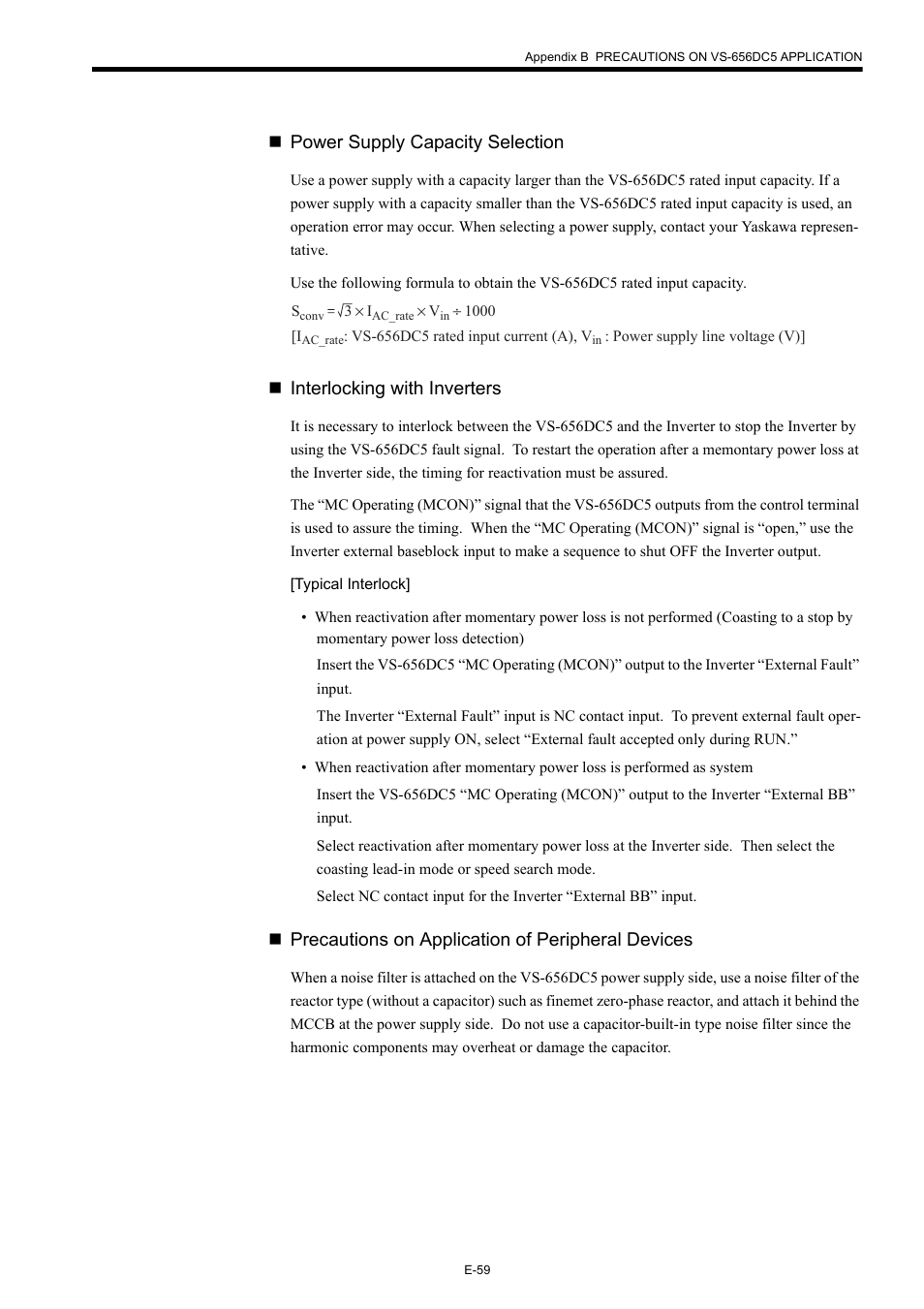 Power supply capacity selection, Interlocking with inverters, Precautions on application of peripheral devices | Yaskawa Varispeed-656 DC5 User Manual | Page 69 / 71