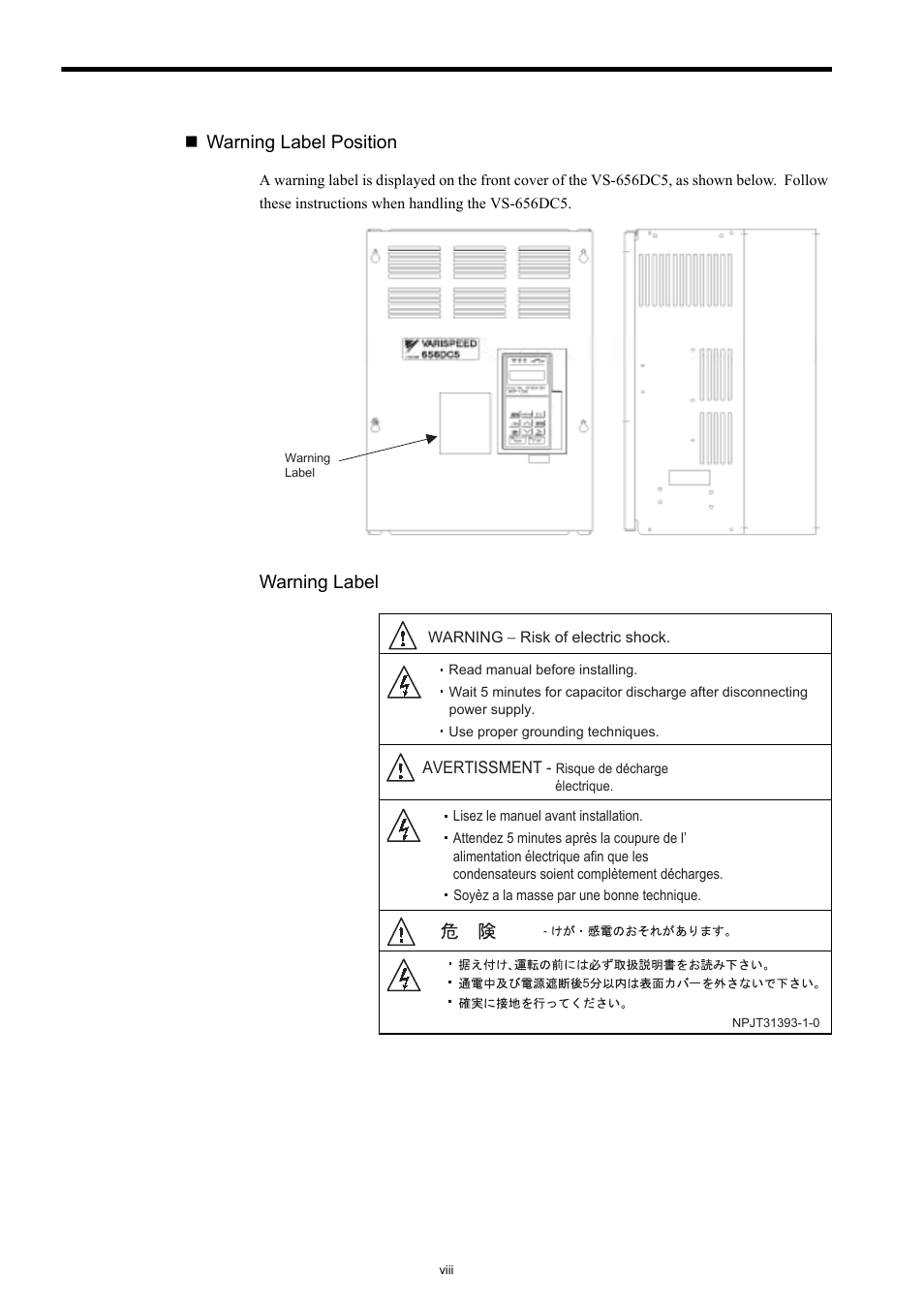 Warning label position, Warning label | Yaskawa Varispeed-656 DC5 User Manual | Page 8 / 71