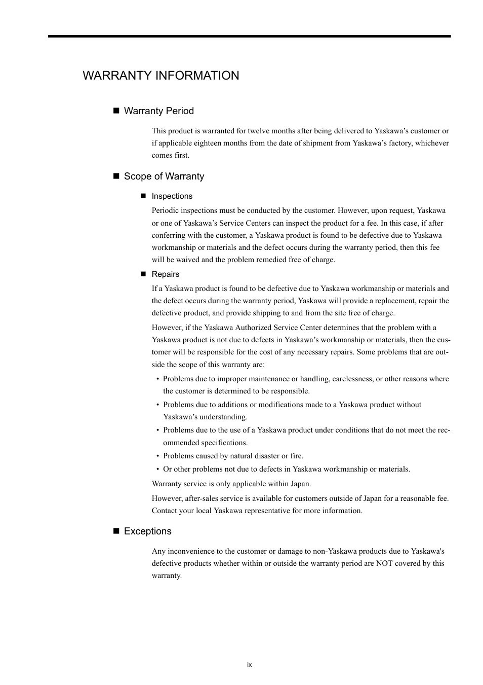 Warranty information | Yaskawa Varispeed-656 DC5 User Manual | Page 9 / 71