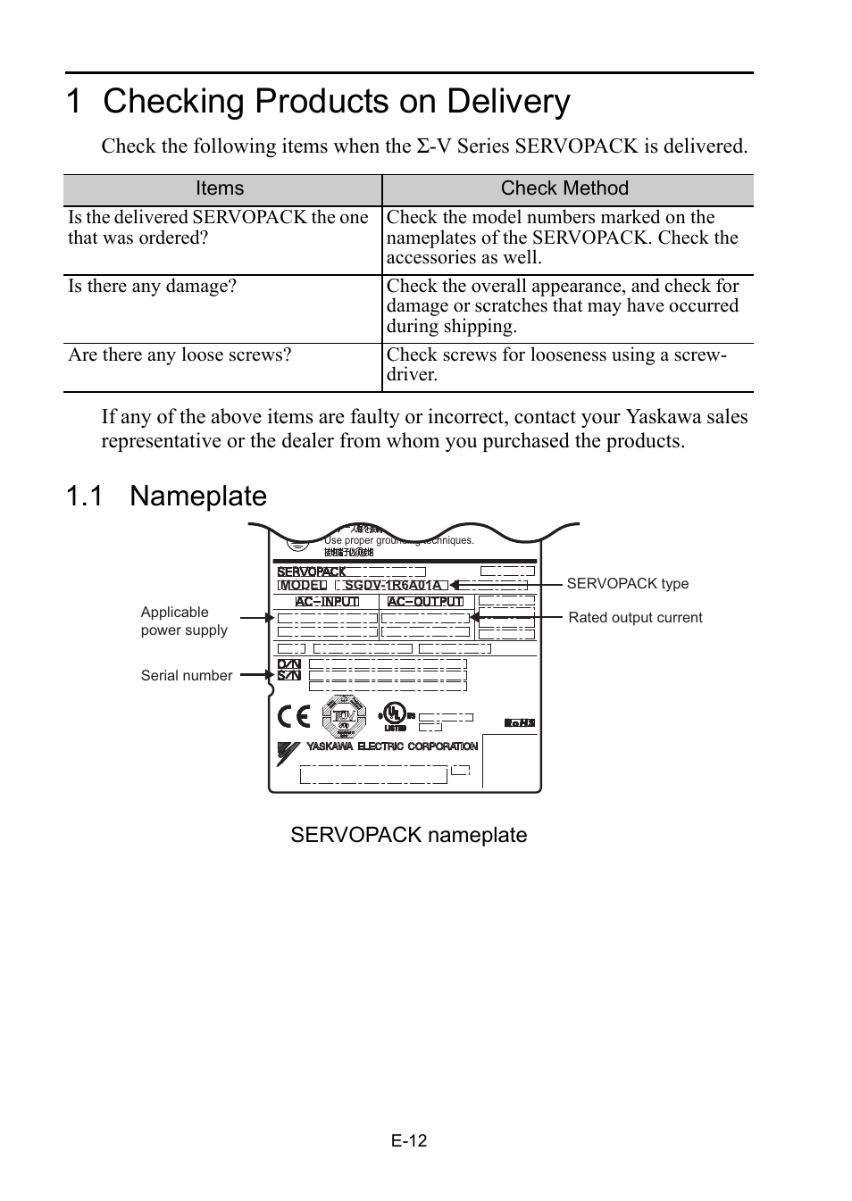 1 checking products on delivery, 1 nameplate | Yaskawa Sigma-5 Safety Precautions for SGDV Servo Amplifier User Manual | Page 14 / 34