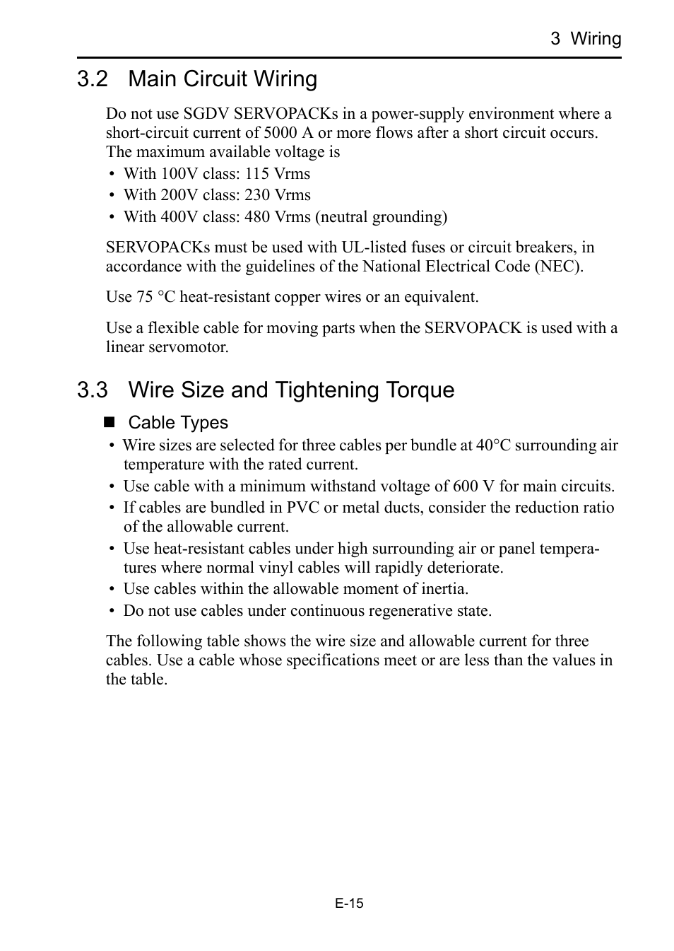 2 main circuit wiring, 3 wire size and tightening torque | Yaskawa Sigma-5 Safety Precautions for SGDV Servo Amplifier User Manual | Page 17 / 34