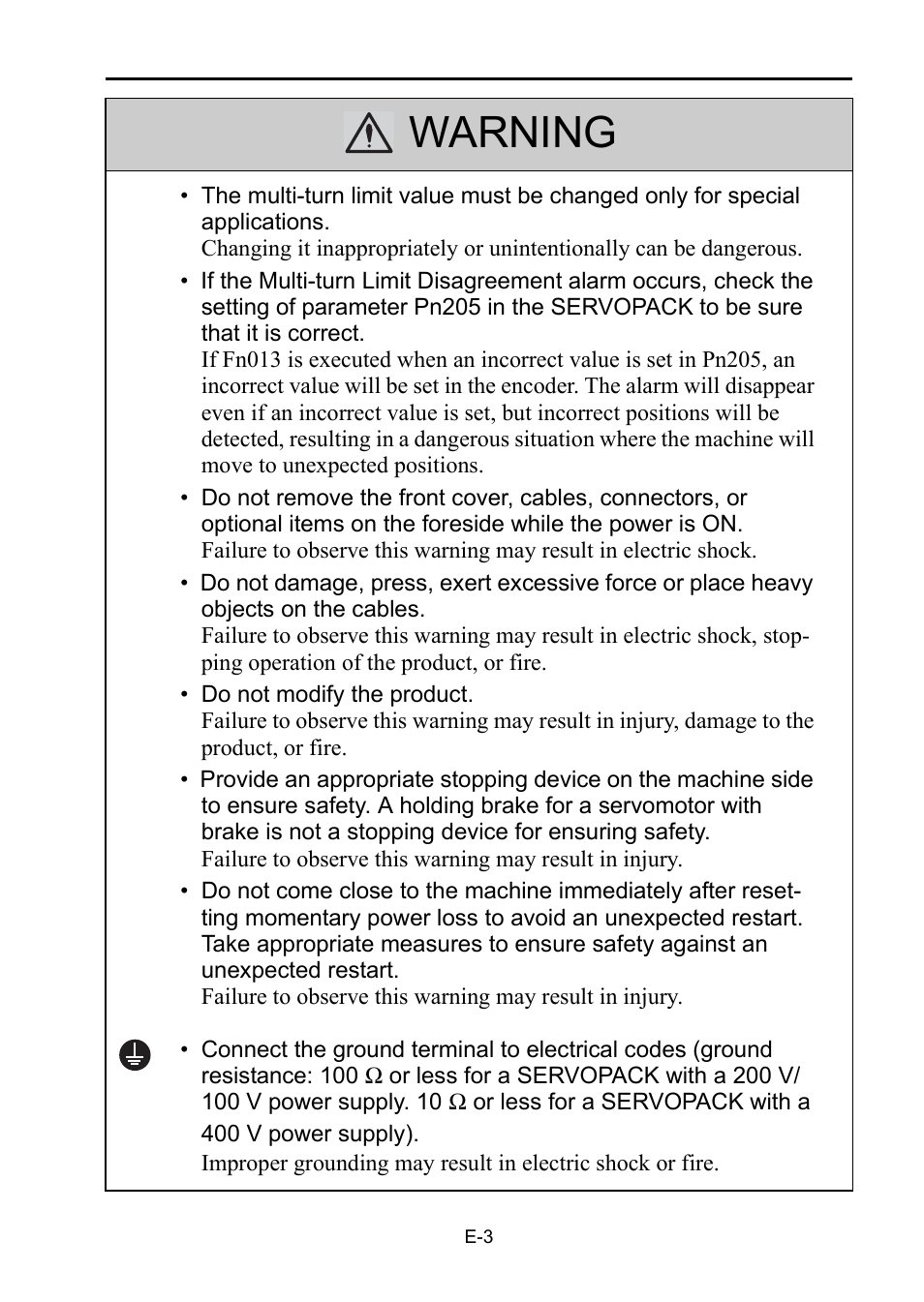 Warning | Yaskawa Sigma-5 Safety Precautions for SGDV Servo Amplifier User Manual | Page 5 / 34