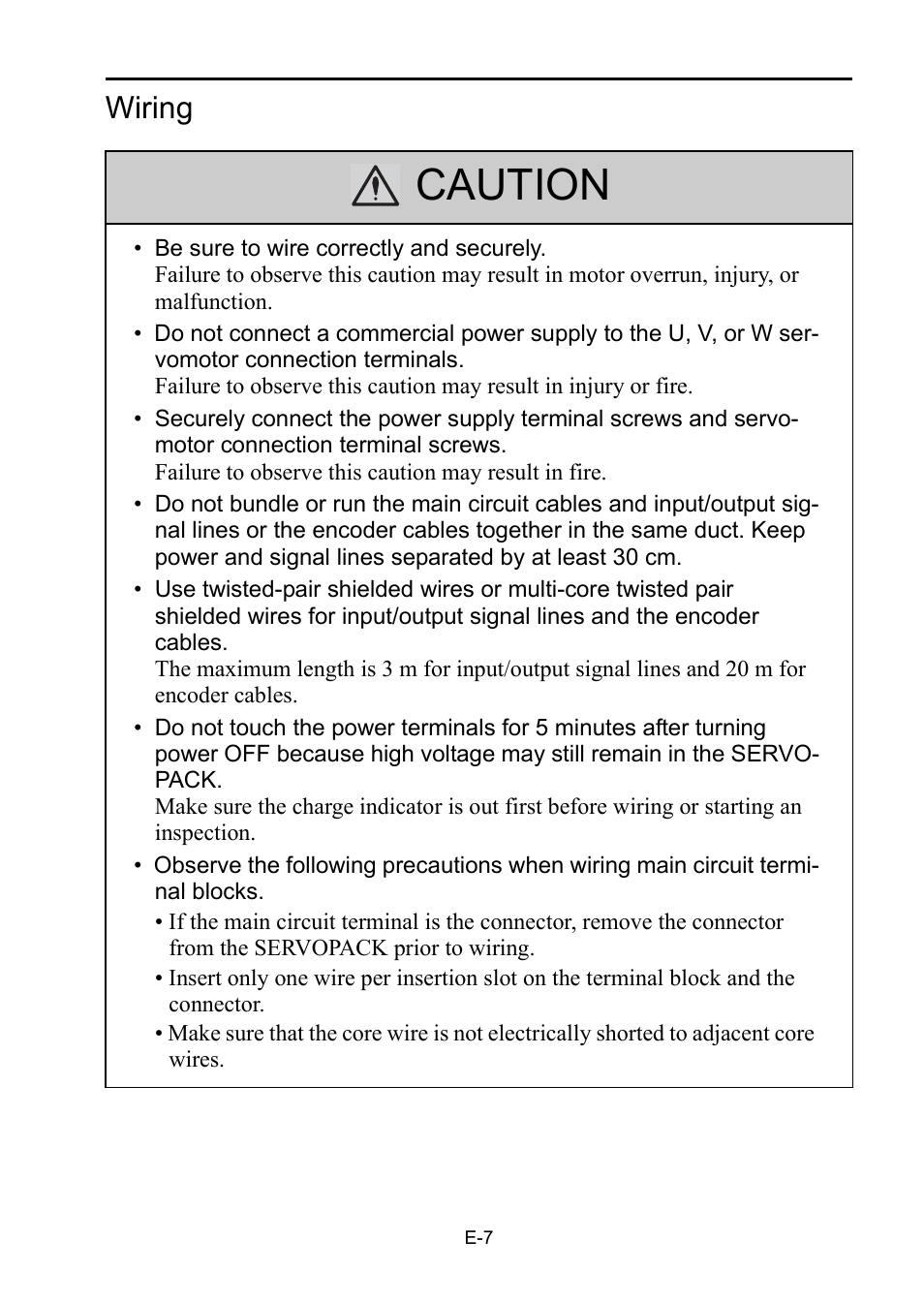 Caution, Wiring | Yaskawa Sigma-5 Safety Precautions for SGDV Servo Amplifier User Manual | Page 9 / 34