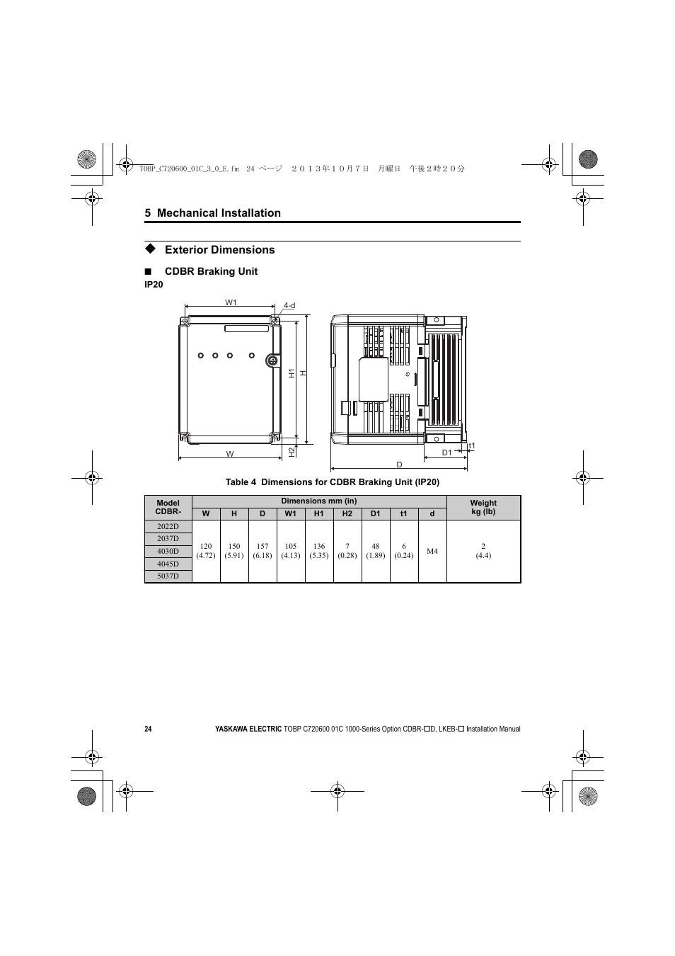 Exterior dimensions, 5 mechanical installation | Yaskawa AC Drive-Option BRAKING UNIT-CDBR Spec.D User Manual | Page 24 / 72