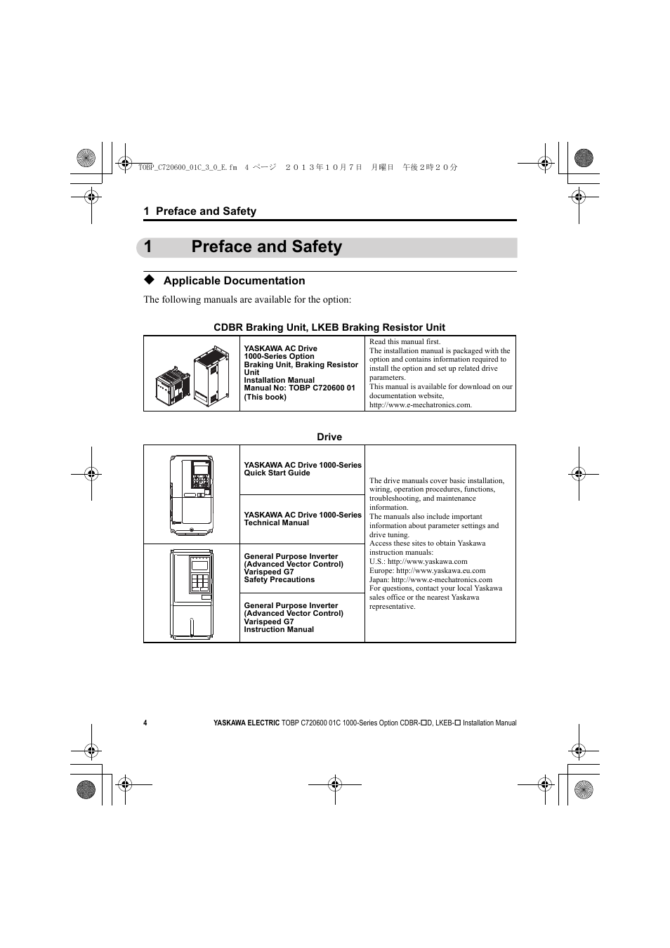 1 preface and safety, Applicable documentation, 1preface and safety | Yaskawa AC Drive-Option BRAKING UNIT-CDBR Spec.D User Manual | Page 4 / 72