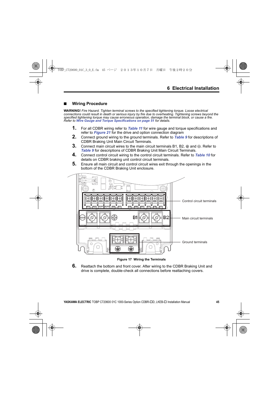 6 electrical installation | Yaskawa AC Drive-Option BRAKING UNIT-CDBR Spec.D User Manual | Page 45 / 72