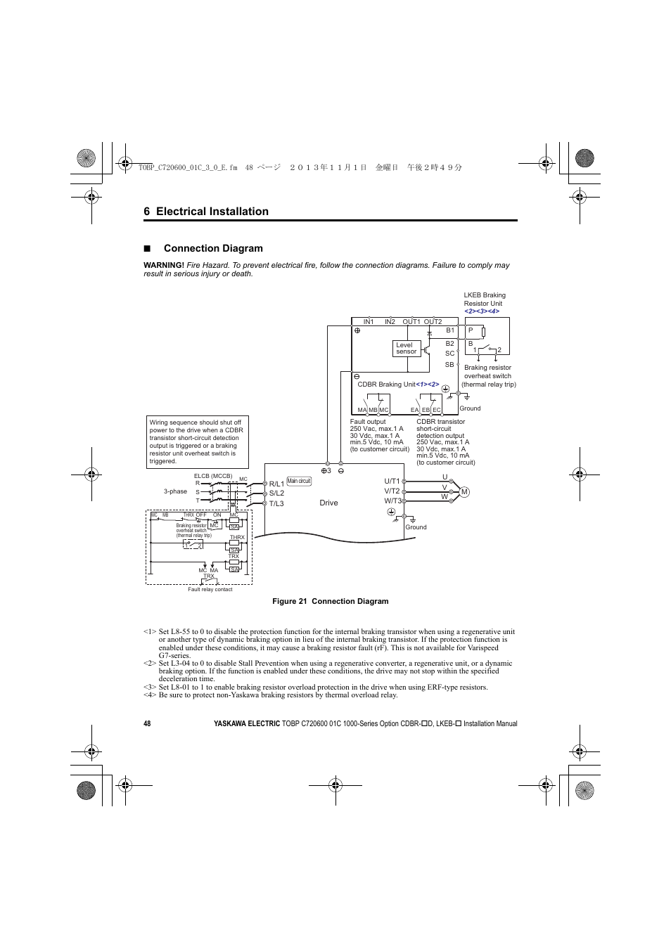 Refer to, Figure 21, 6 electrical installation | Connection diagram | Yaskawa AC Drive-Option BRAKING UNIT-CDBR Spec.D User Manual | Page 48 / 72