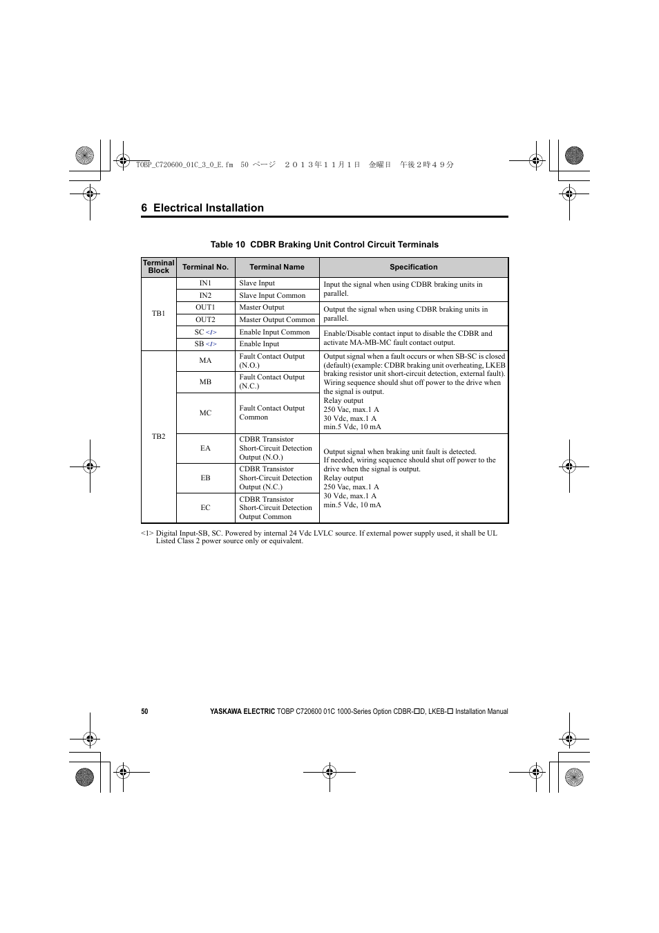 Table 10, 6 electrical installation | Yaskawa AC Drive-Option BRAKING UNIT-CDBR Spec.D User Manual | Page 50 / 72