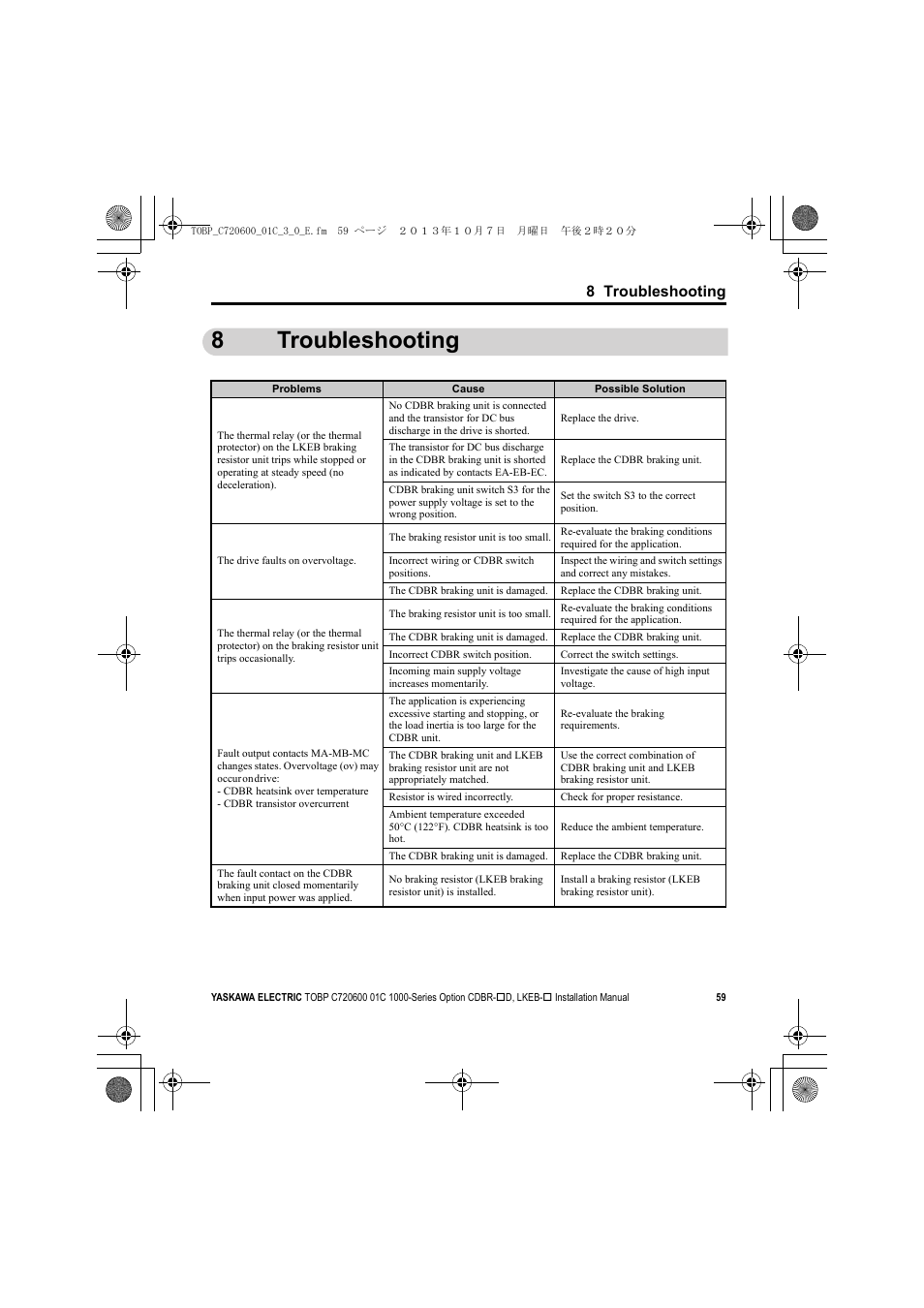 8 troubleshooting, 8troubleshooting | Yaskawa AC Drive-Option BRAKING UNIT-CDBR Spec.D User Manual | Page 59 / 72