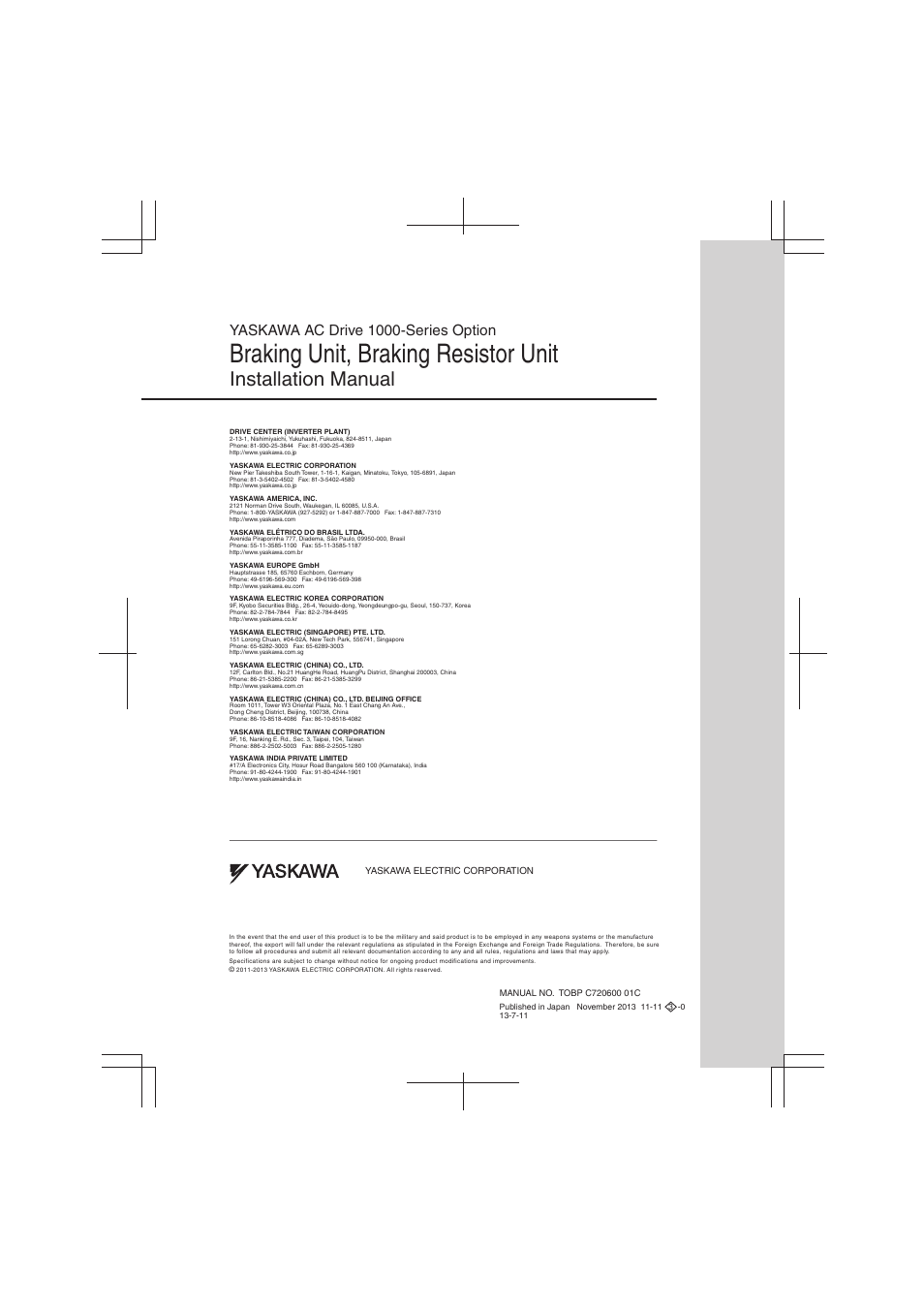 Back cover, Braking unit, braking resistor unit, Installation manual | Yaskawa ac drive 1000-series option | Yaskawa AC Drive-Option BRAKING UNIT-CDBR Spec.D User Manual | Page 72 / 72