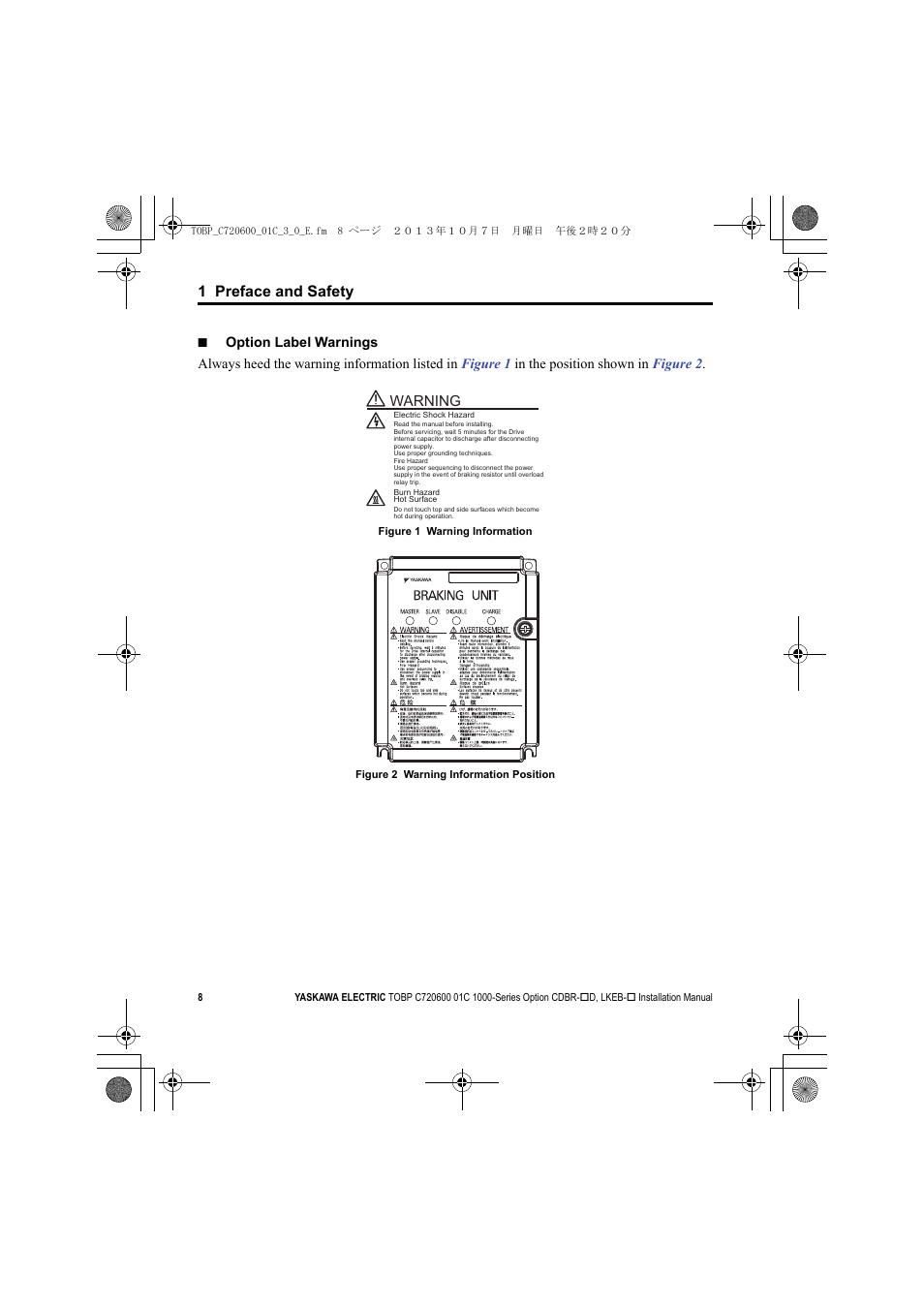 1 preface and safety, Warning | Yaskawa AC Drive-Option BRAKING UNIT-CDBR Spec.D User Manual | Page 8 / 72