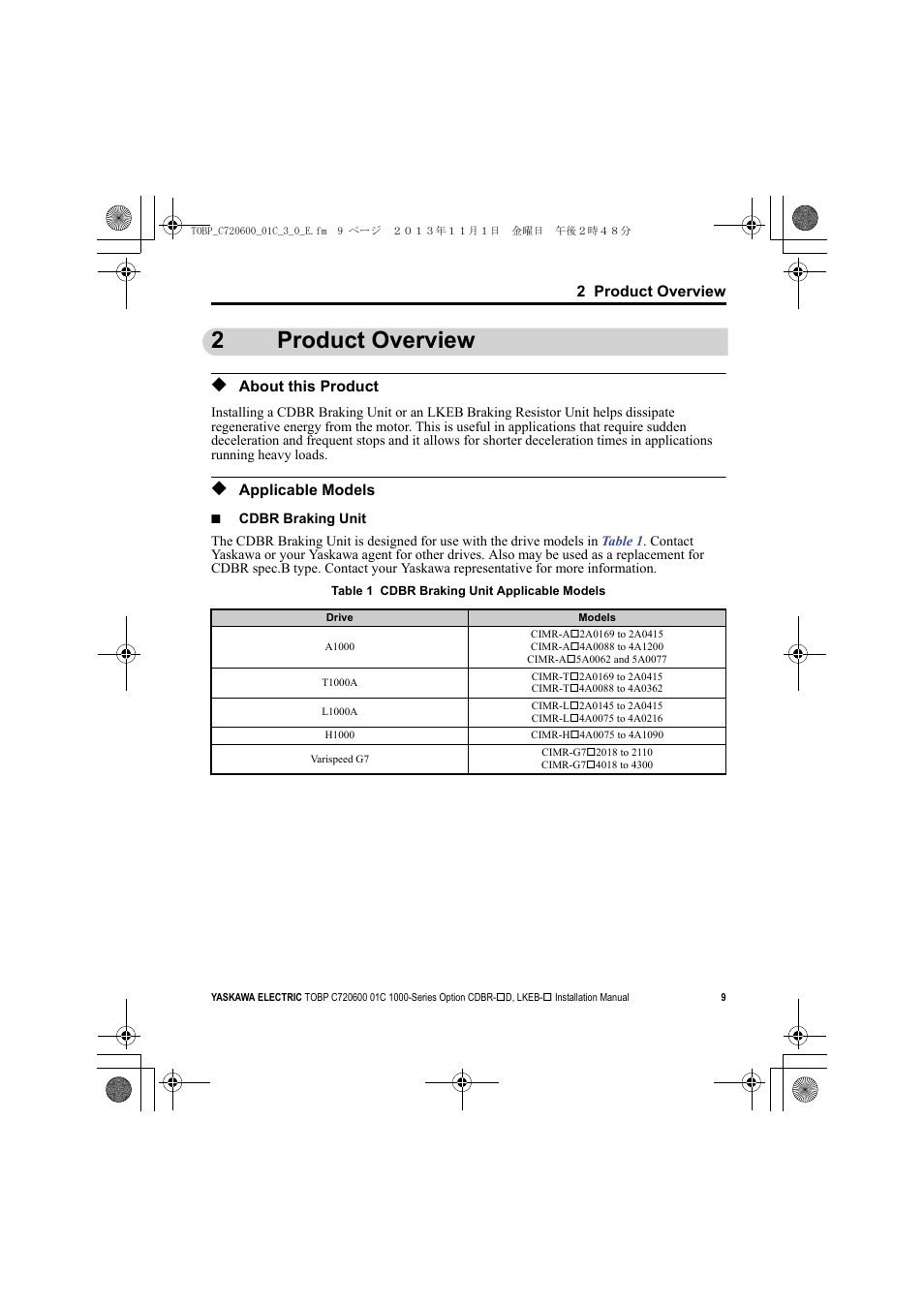 2 product overview, About this product, Applicable models | 2product overview | Yaskawa AC Drive-Option BRAKING UNIT-CDBR Spec.D User Manual | Page 9 / 72