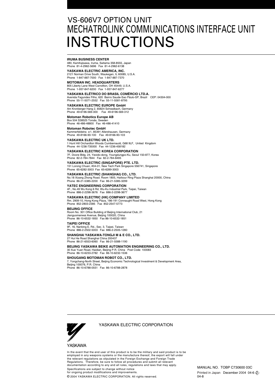 Back cover, Instructions, Mechatrolink communications interface unit | Vs-606v7 option unit | Yaskawa VS-606V7 User Manual | Page 20 / 20