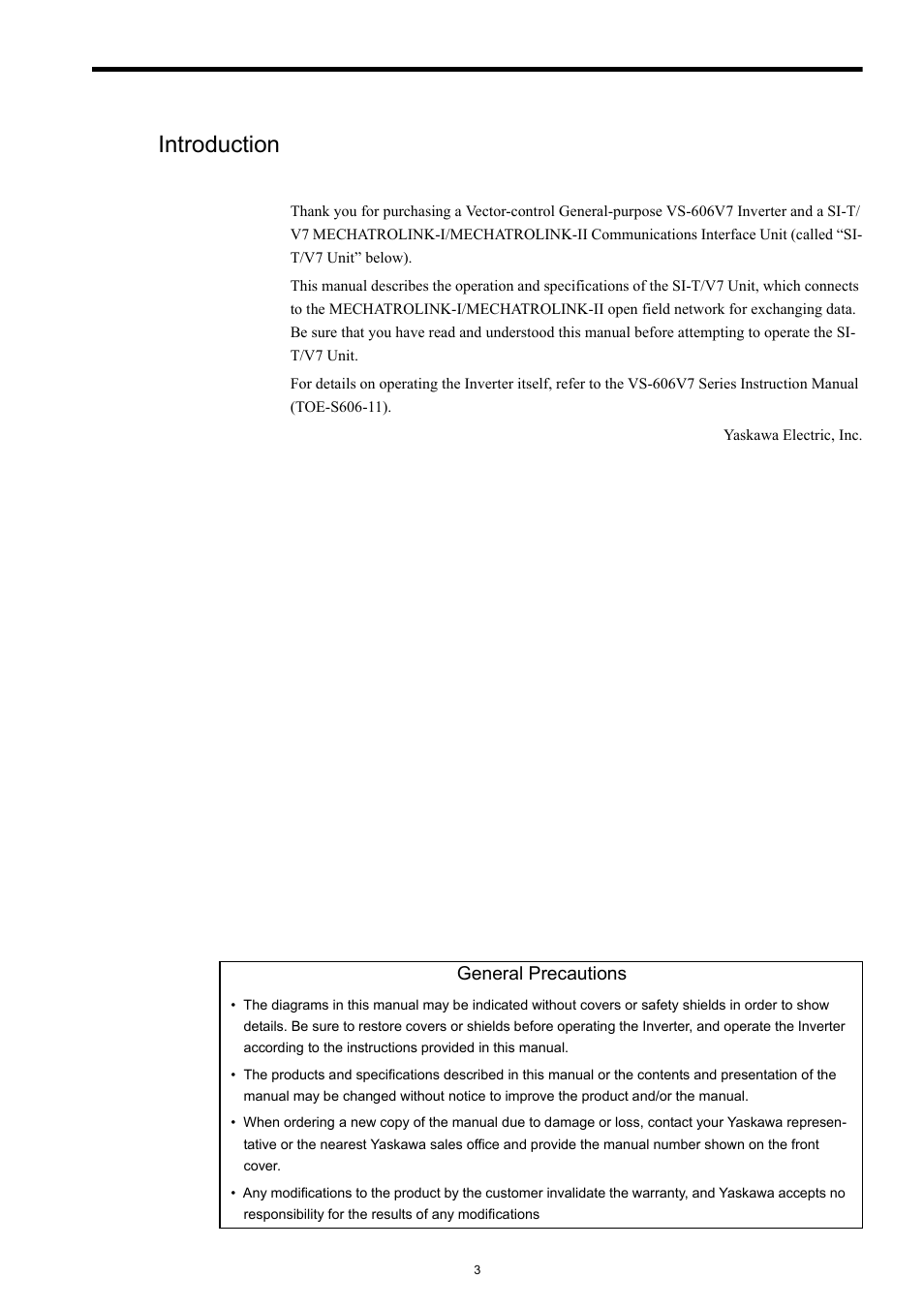 Introduction, General precautions | Yaskawa VS-606V7 User Manual | Page 3 / 20