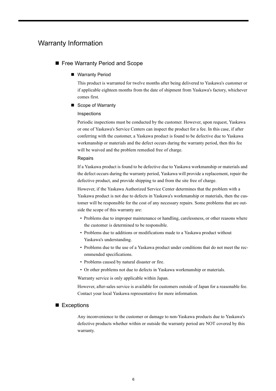 Warranty information | Yaskawa VS-606V7 User Manual | Page 6 / 20