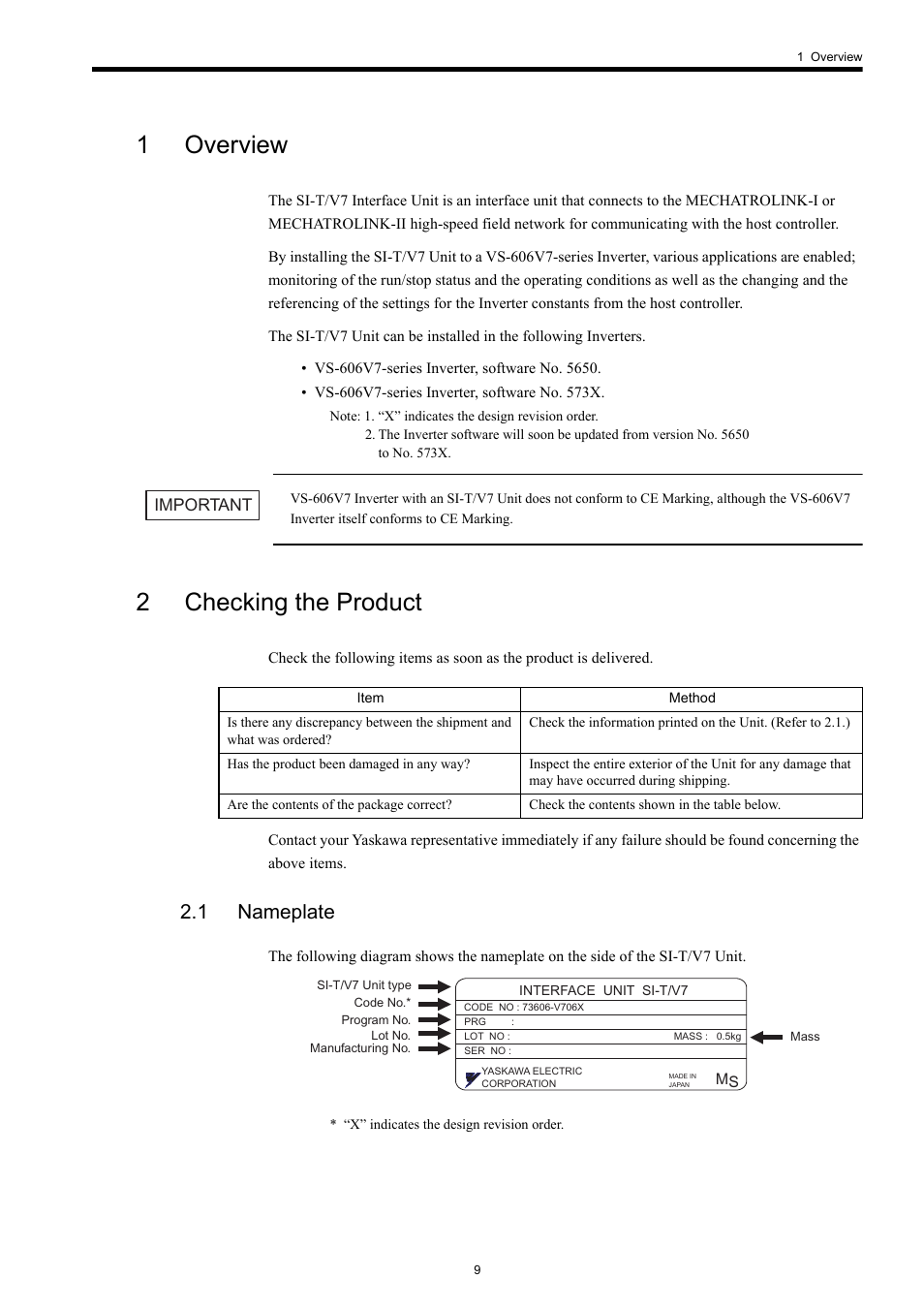 1 overview, 2 checking the product, 1 nameplate | 1overview, 2checking the product | Yaskawa VS-606V7 User Manual | Page 9 / 20