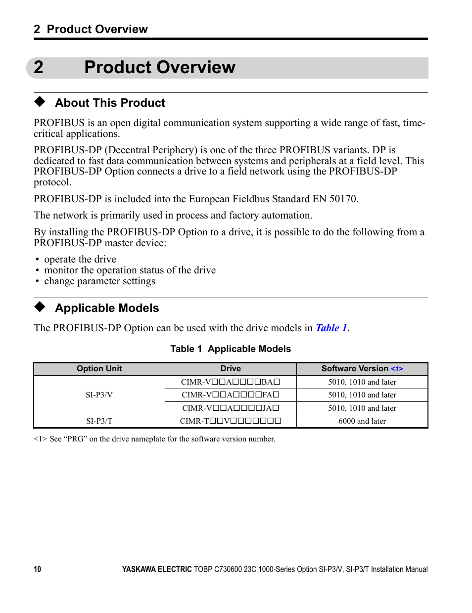 2 product overview, About this product, Applicable models | 2product overview | Yaskawa PG-X2G5 User Manual | Page 10 / 38