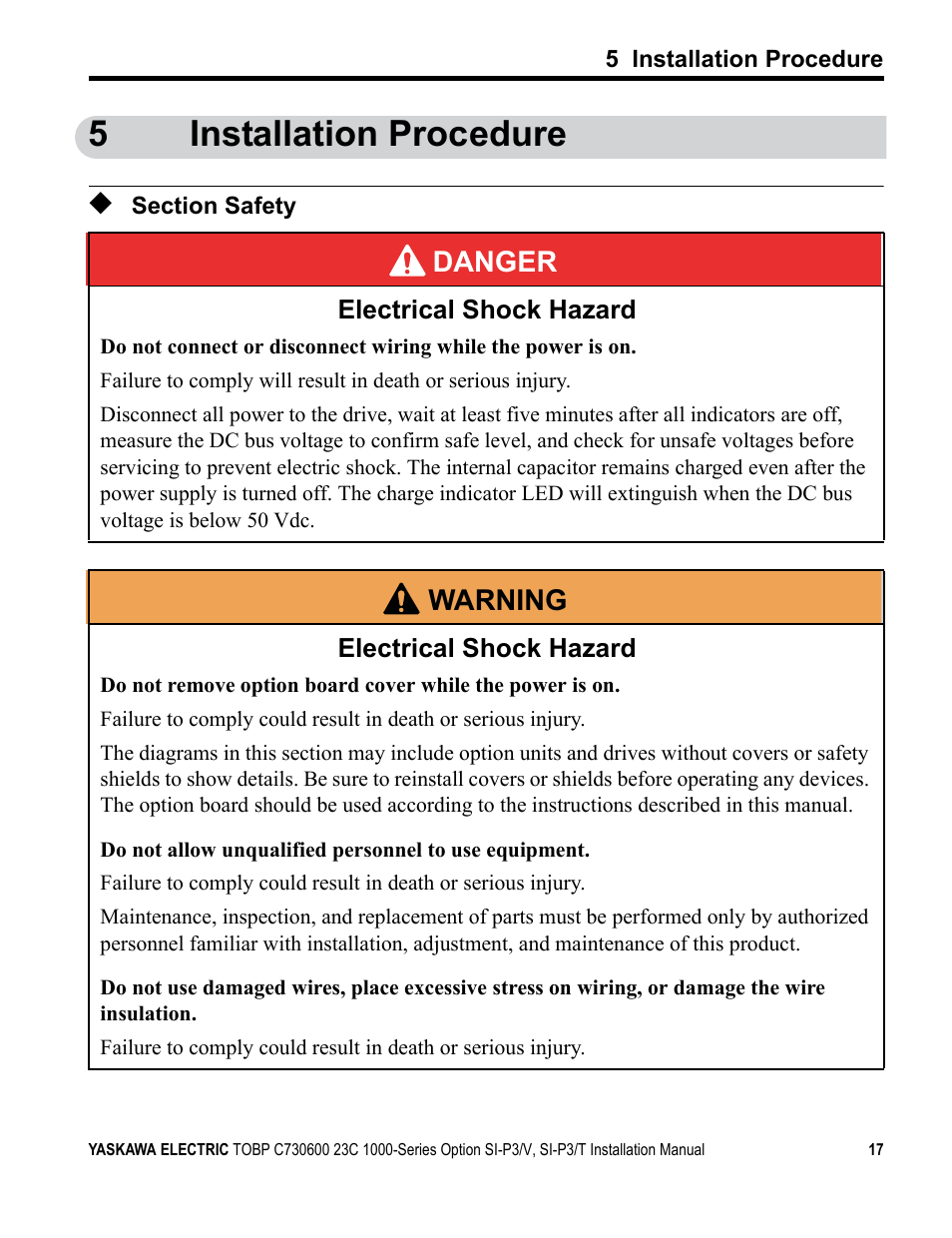 5 installation procedure, Section safety, 5installation procedure | Yaskawa PG-X2G5 User Manual | Page 17 / 38