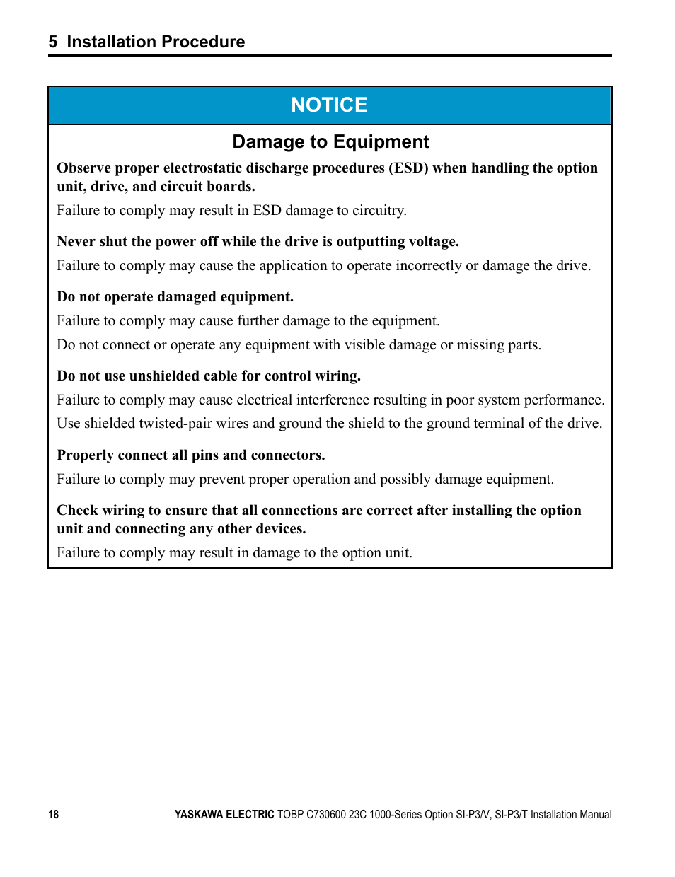 Notice, Damage to equipment | Yaskawa PG-X2G5 User Manual | Page 18 / 38