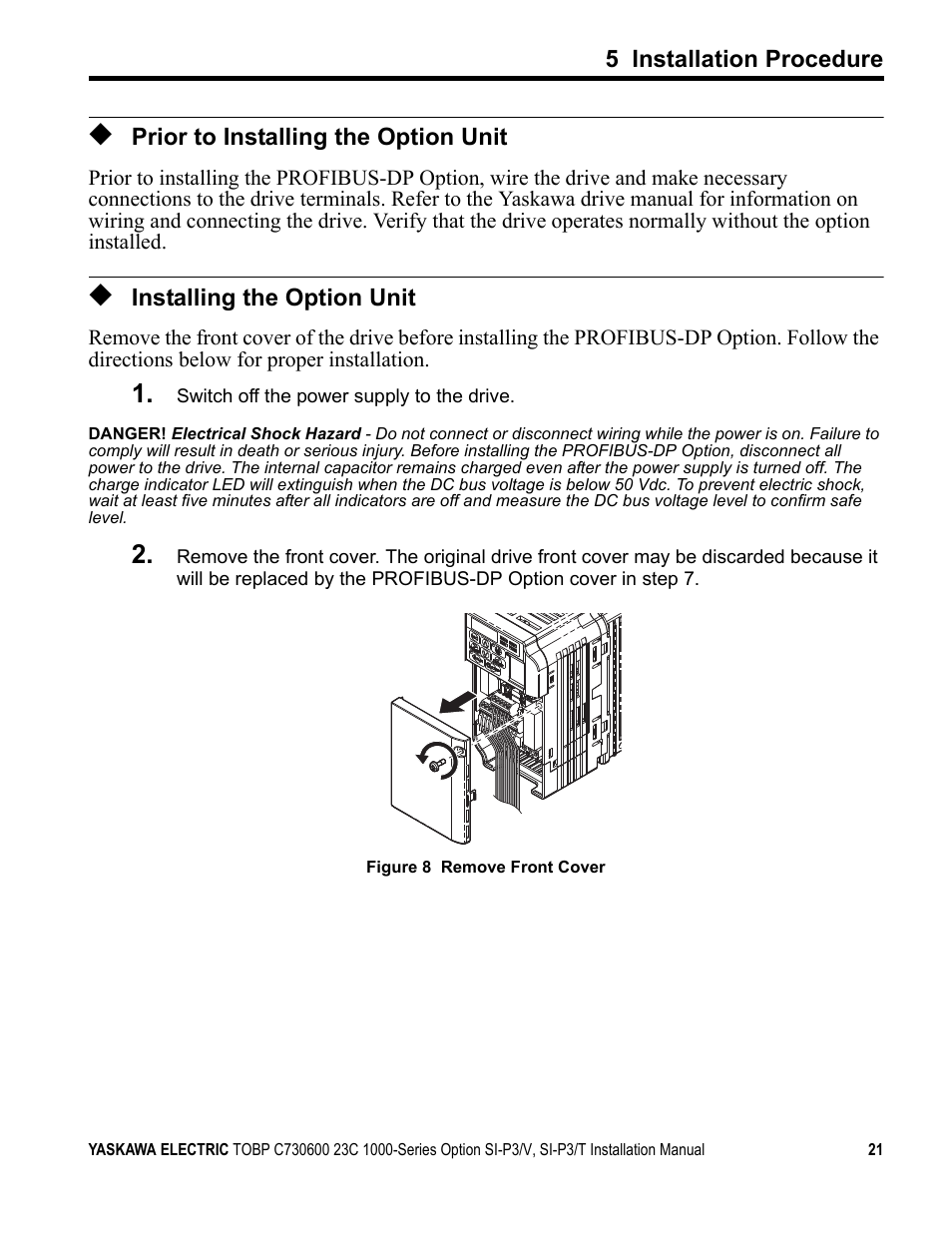Prior to installing the option unit, Installing the option unit | Yaskawa PG-X2G5 User Manual | Page 21 / 38