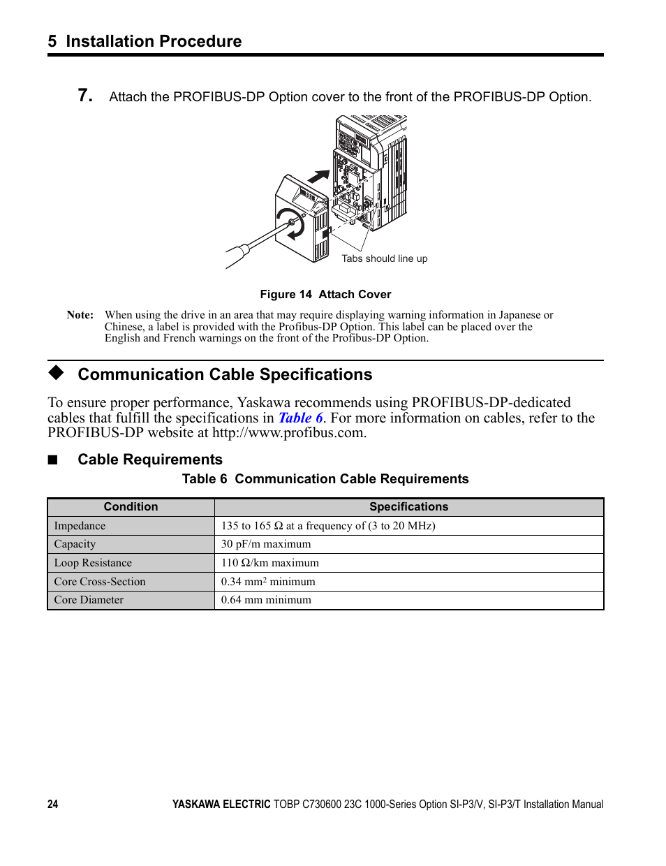 Communication cable specifications, 5 installation procedure | Yaskawa PG-X2G5 User Manual | Page 24 / 38