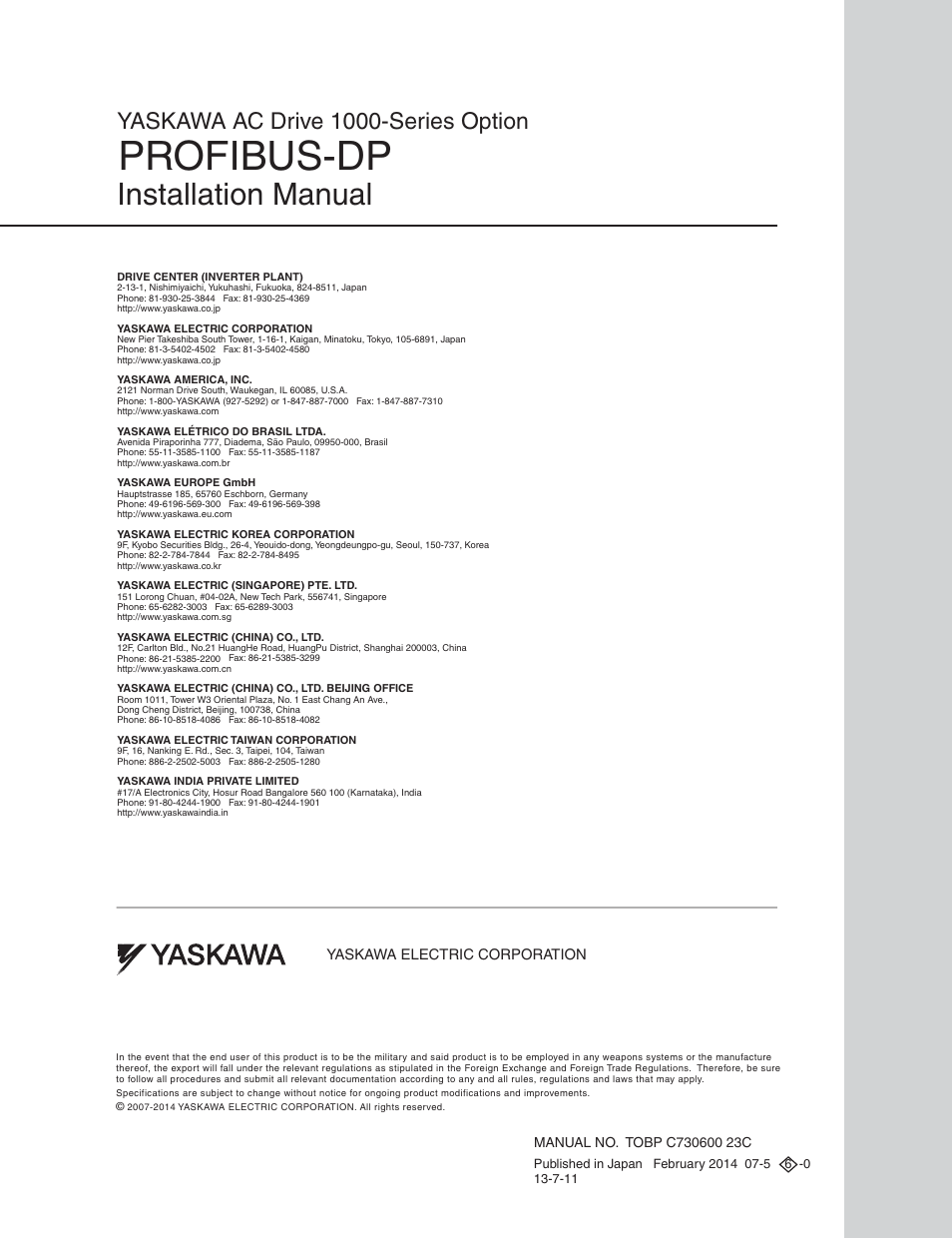 Back cover, Profibus-dp, Installation manual | Yaskawa ac drive 1000-series option | Yaskawa PG-X2G5 User Manual | Page 38 / 38