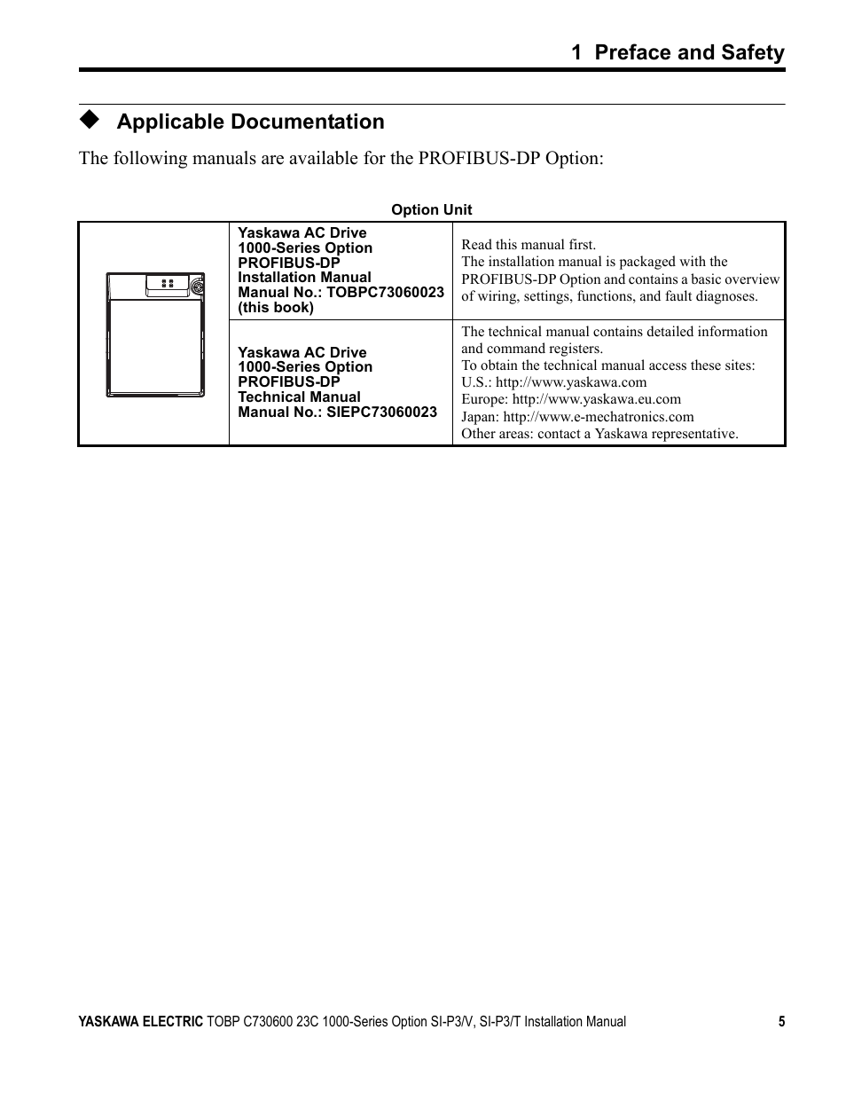 Applicable documentation, 1 preface and safety | Yaskawa PG-X2G5 User Manual | Page 5 / 38