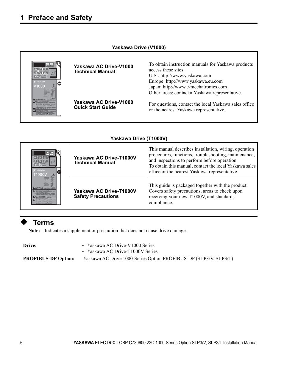 Terms, 1 preface and safety, V1000 | T1000v | Yaskawa PG-X2G5 User Manual | Page 6 / 38