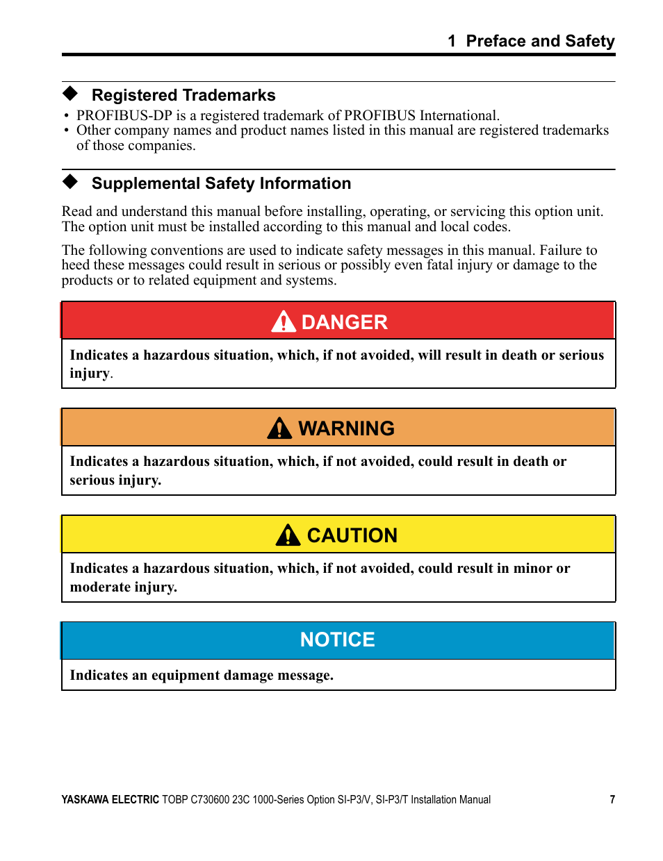 Registered trademarks, Supplemental safety information, Danger | W arning, Caution, Notice | Yaskawa PG-X2G5 User Manual | Page 7 / 38